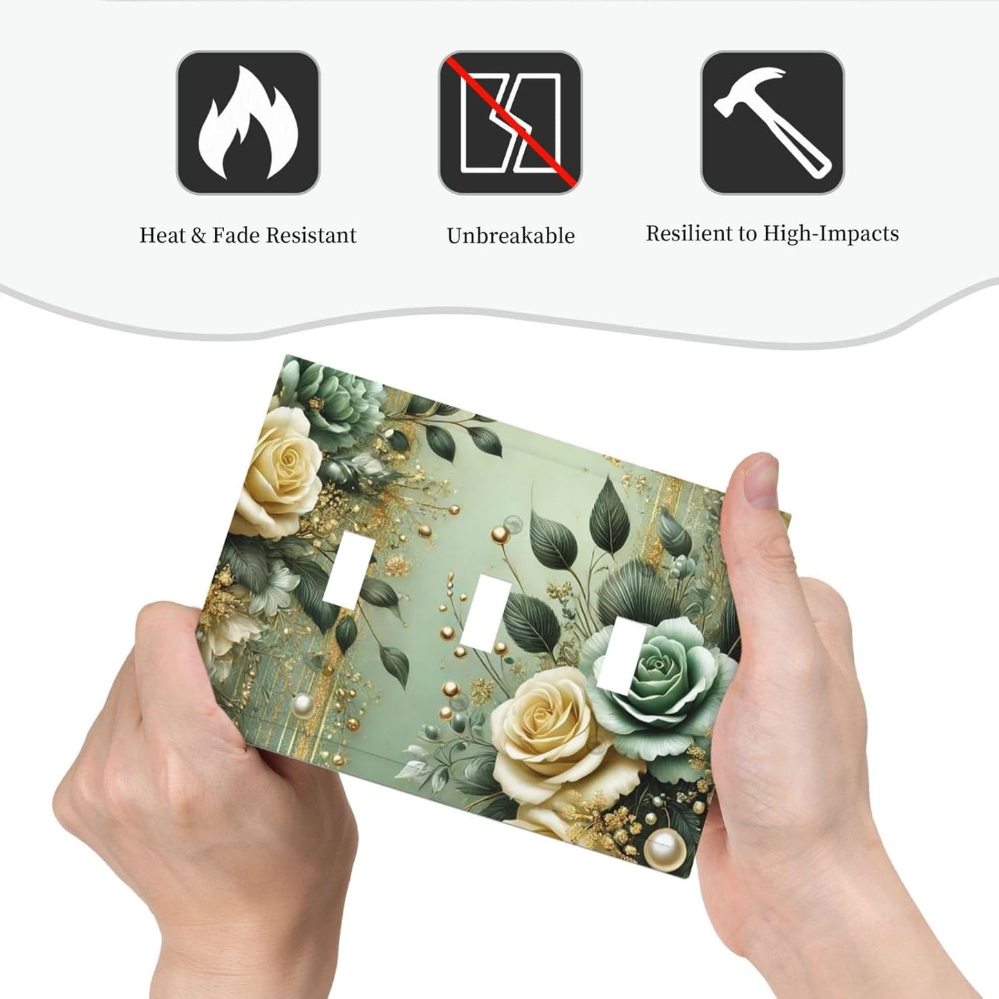 Decorative Light Switch Cover Plate Rustic Green Floral Leaves Teal Flowers Gold Stripe 3 Gang Wall Plate Oversized Triple Toggle Switch Cover Plate Jumbo Faceplate