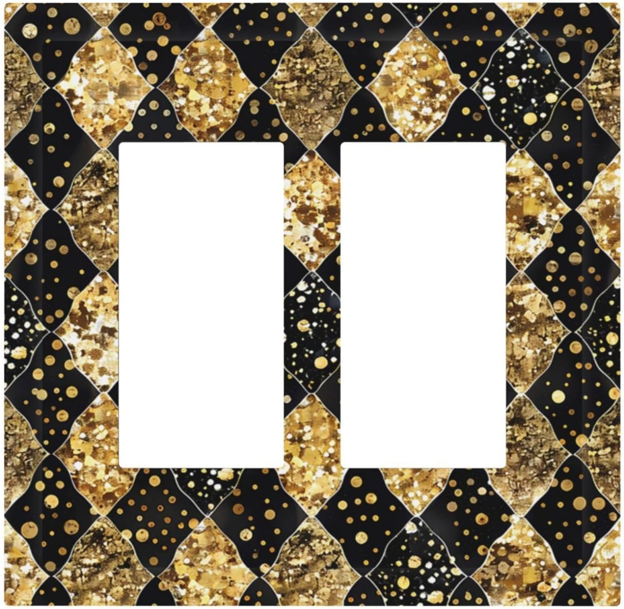 Gold Black Marble Geometric Plaid Glitter Decorative Outlet Covers 2 Gang Double GFCI Rocker Light Switch Cover Plate Electrical Wall Panels for Bedroom Bathroom Decor