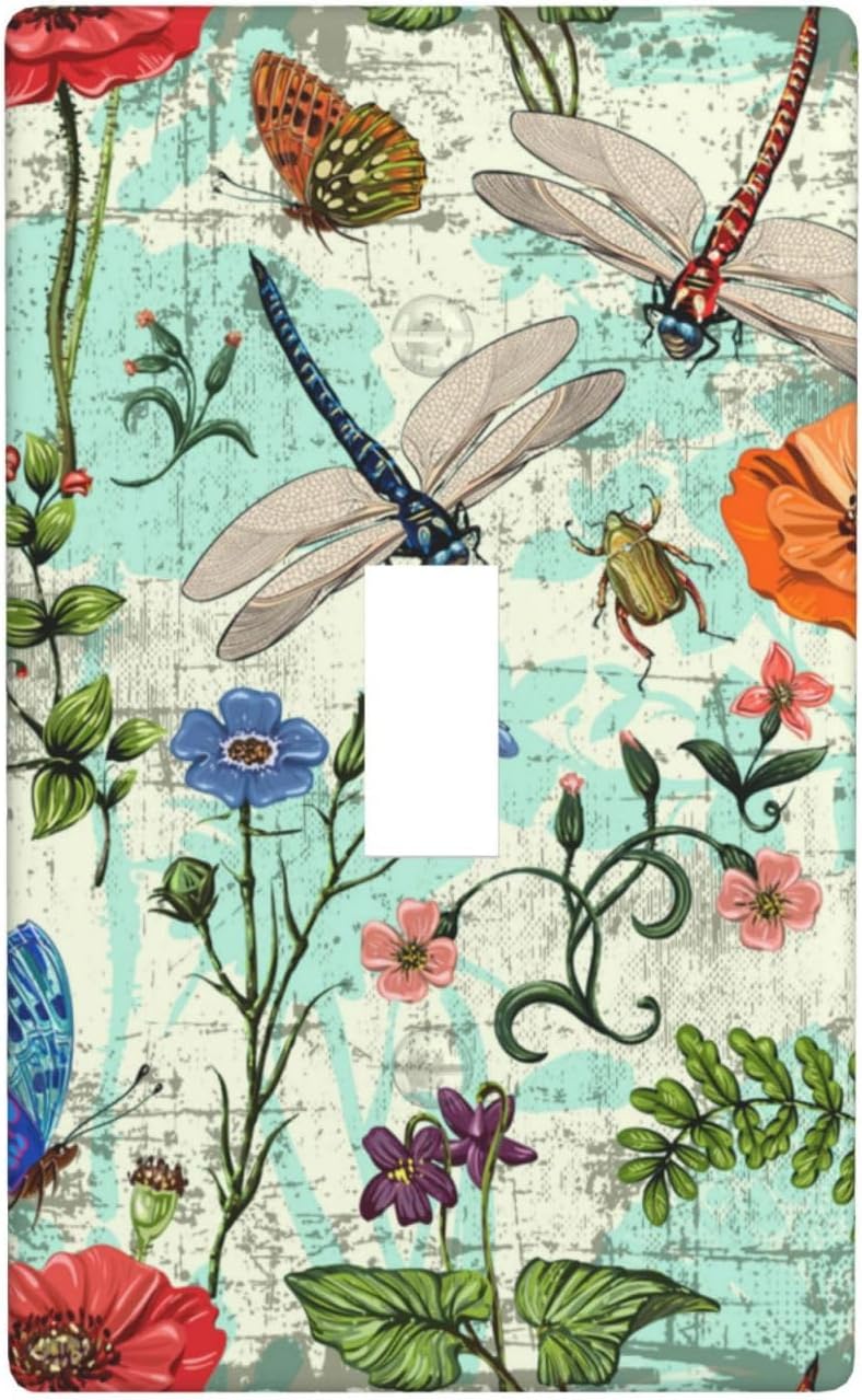 Dragonflies Flowers Butterfly 1 Gang Single Toggle Outlet Light Switch Cover Decorative Single Toggle Wall Plate Cover For Home Living Bedroom Kitchen Decorative