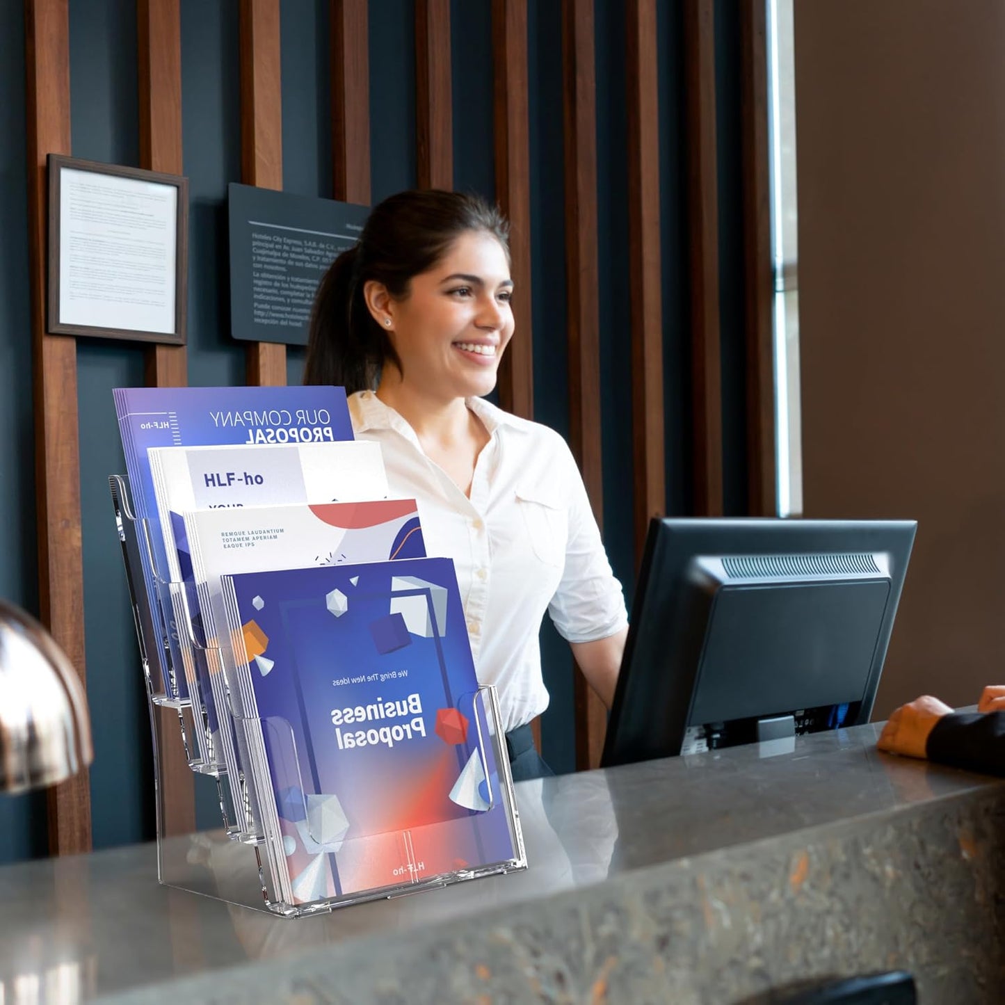 Brochure Holder 8.5x11 Inch 4 Tier with Removable Divider for 4x9 inch Clear Acrylic Pamphlet Display Stand Holder Countertop Use or Wall Mount for Office, Lobby, Hotel, Trade Show, 2 Pack