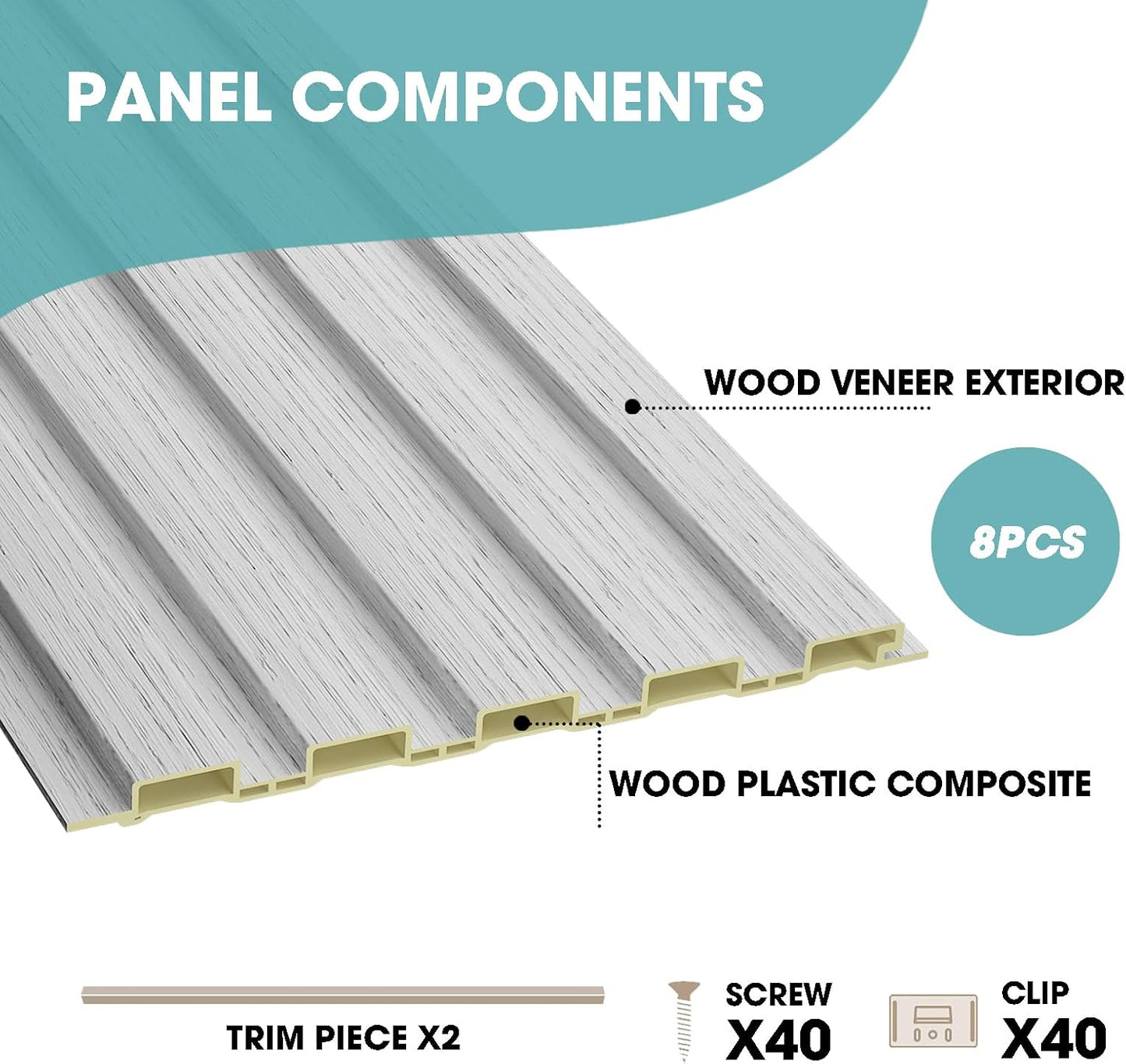 OUZUGIE WPC Acoustic Slat Wall Paneling, 8-Pack 114 x 6 Inches 3D Wall Panels for Interior Wall Decor,Living Room,TV Background,Study Room,Office Spaces,Bedroom,Low Grille (Grey)