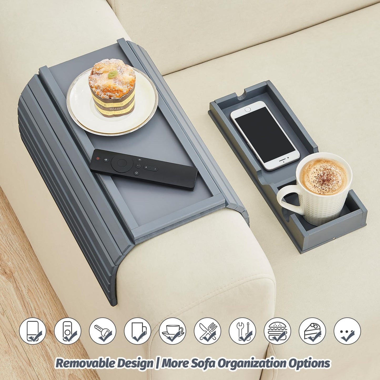 GEHE Detachable Couch Cup Holder, Anti Falling Sofa Arm Tray, Natural Bamboo Sofa Cup Holder More Safe for You Family, Portable Couch Arm Tray Armrest Table for Remote, Snacks, Phone, Drinks