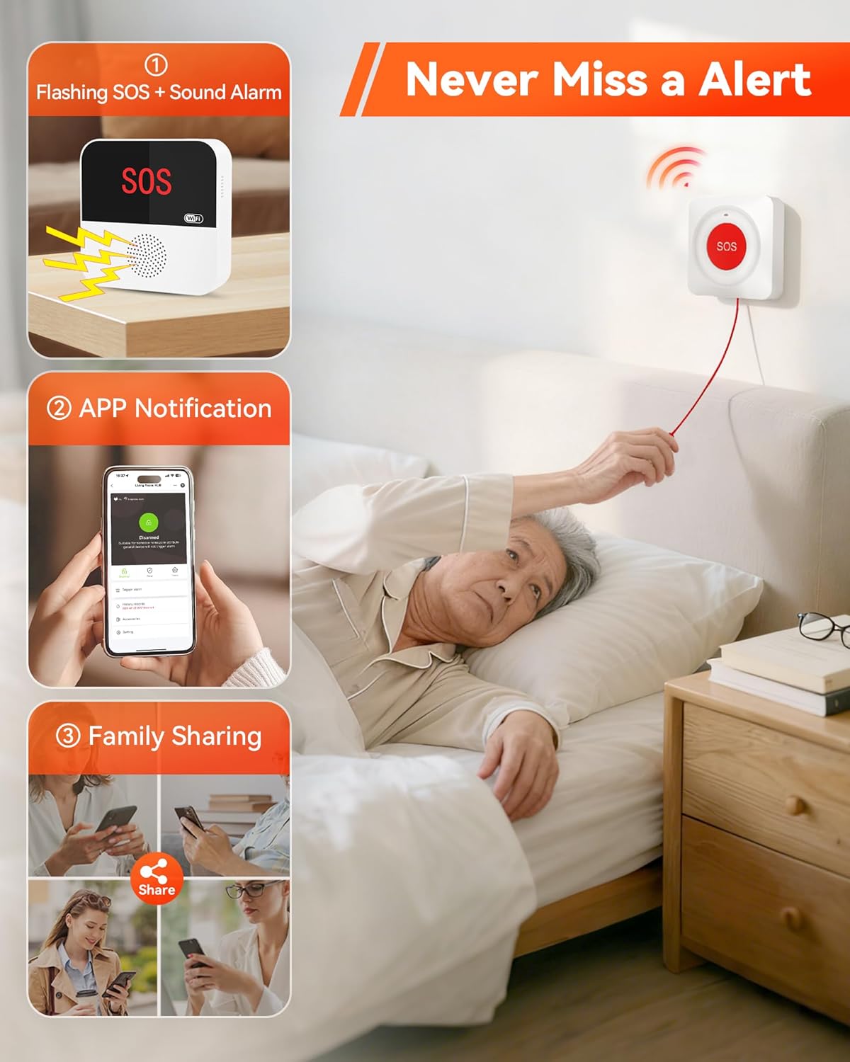 WiFi Caregiver Wireless Call Button System - 2 Lanyard + 1 Pull Cord Emergency Button, No Monthly Fee APP Alert, Custom Names/Tones, Elderly Safety for Mobile, Bathroom & Bedside Care
