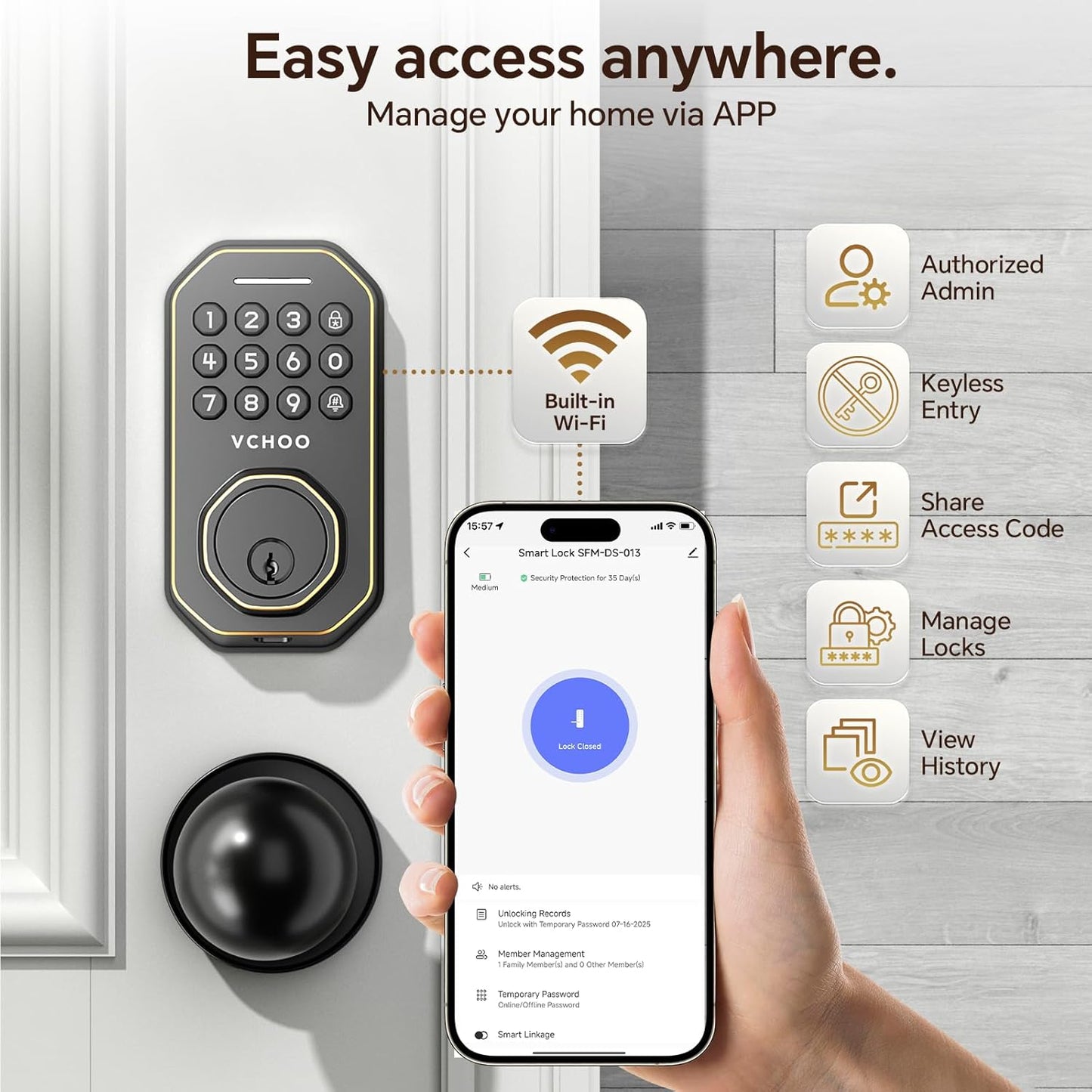 Keyless Entry Door Lock with 2 Knobs App Control Smart Locks for Front Door WiFi Door Lock Set Automatic Lock One Time Password Anti Peeping Password IP54, Bronze