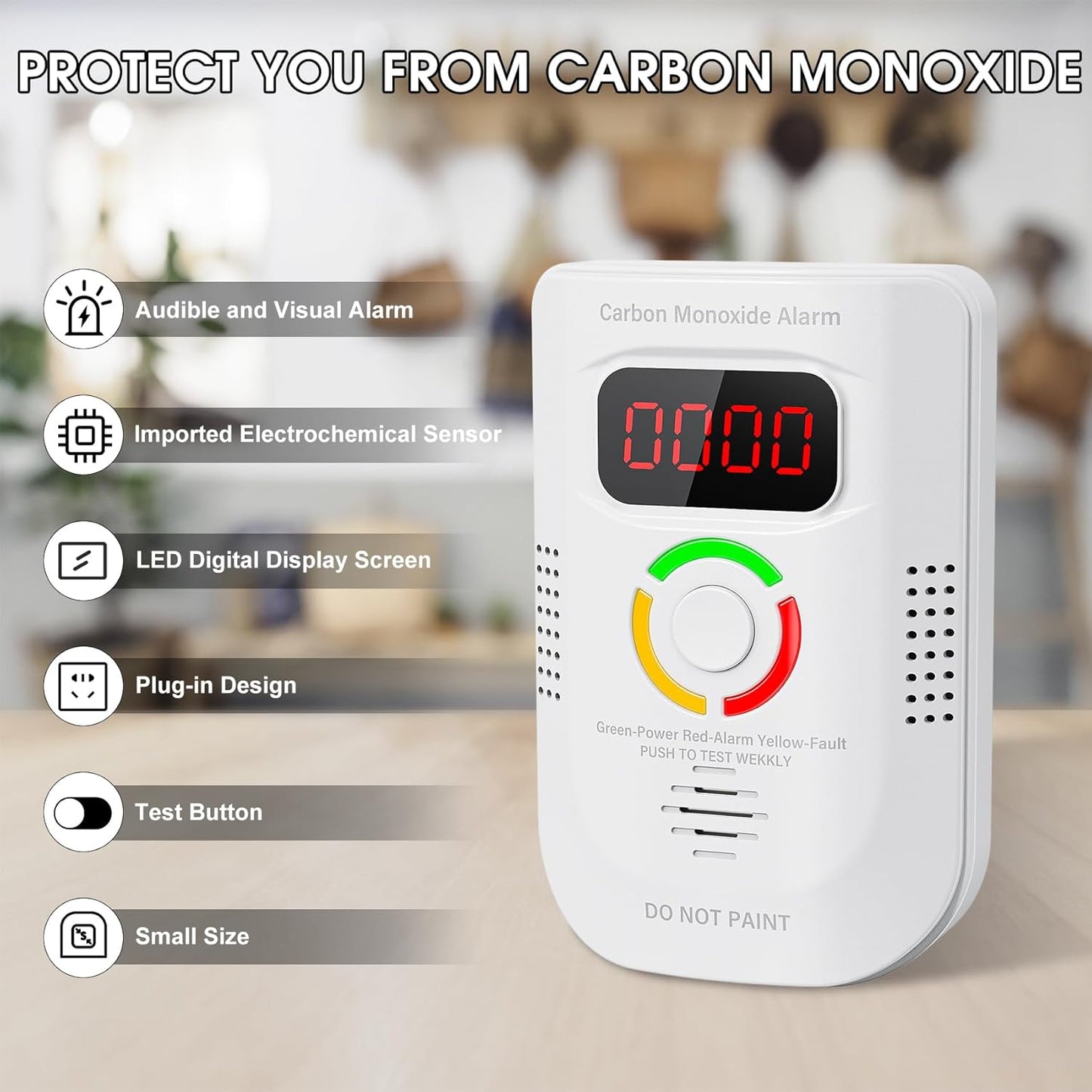 Carbon Monoxide Detectors Plug in, Portable CO Detector with LED Digital Display, Carbon Monoxide Alarm with Audible and Visual Alarm & Test Mute Button, CO Alarms Monitor for Home/Kitchen/Hotel