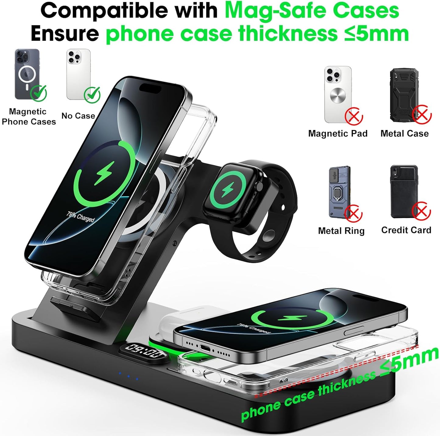 Dual Phone Wireless Charging Station for Apple Devices, Magnetic Charging Station for iPhone with Auto Switch 7-Color Light&Clock, Family Watch Charger for iPhone17 for iWatch11 for AirPods Pro3(Black