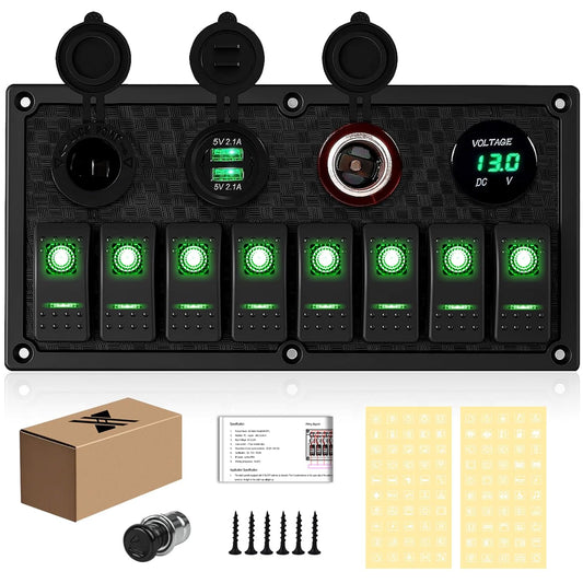 8 Gang Rocker Switch Panel, 3.1A Dual USB Charger Socket with Multi-Function LED Digital Voltmeter, 12/24V Wired Toggle Switch Panel for Automotive Cars Marine Boats RVs(Green)