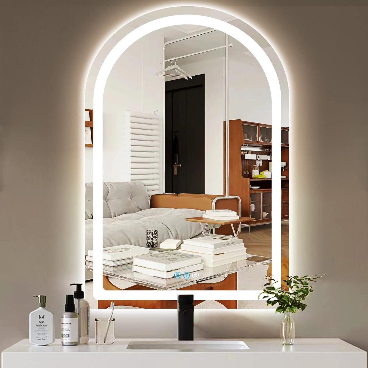 THEKLA 24 x 32 Inch LED Arched Mirror with Lights Memory 3 Color Adjustable Brightness Frontlight Arch Lighted Vanity Mirror for Bathroom Wall TableTop AntiFog 32" Bathroom Smart Arch Light up Mirrors