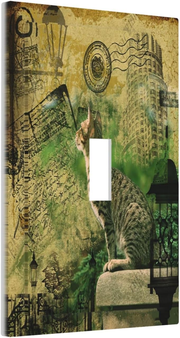 Decorative Light Switch Cover Plate Vintage Style Cat City Stamp 1 Gang Single Toggle Wall Plate Electrical Outlet Covers Decorate Switch Plate Cover for Bedroom Home Decor