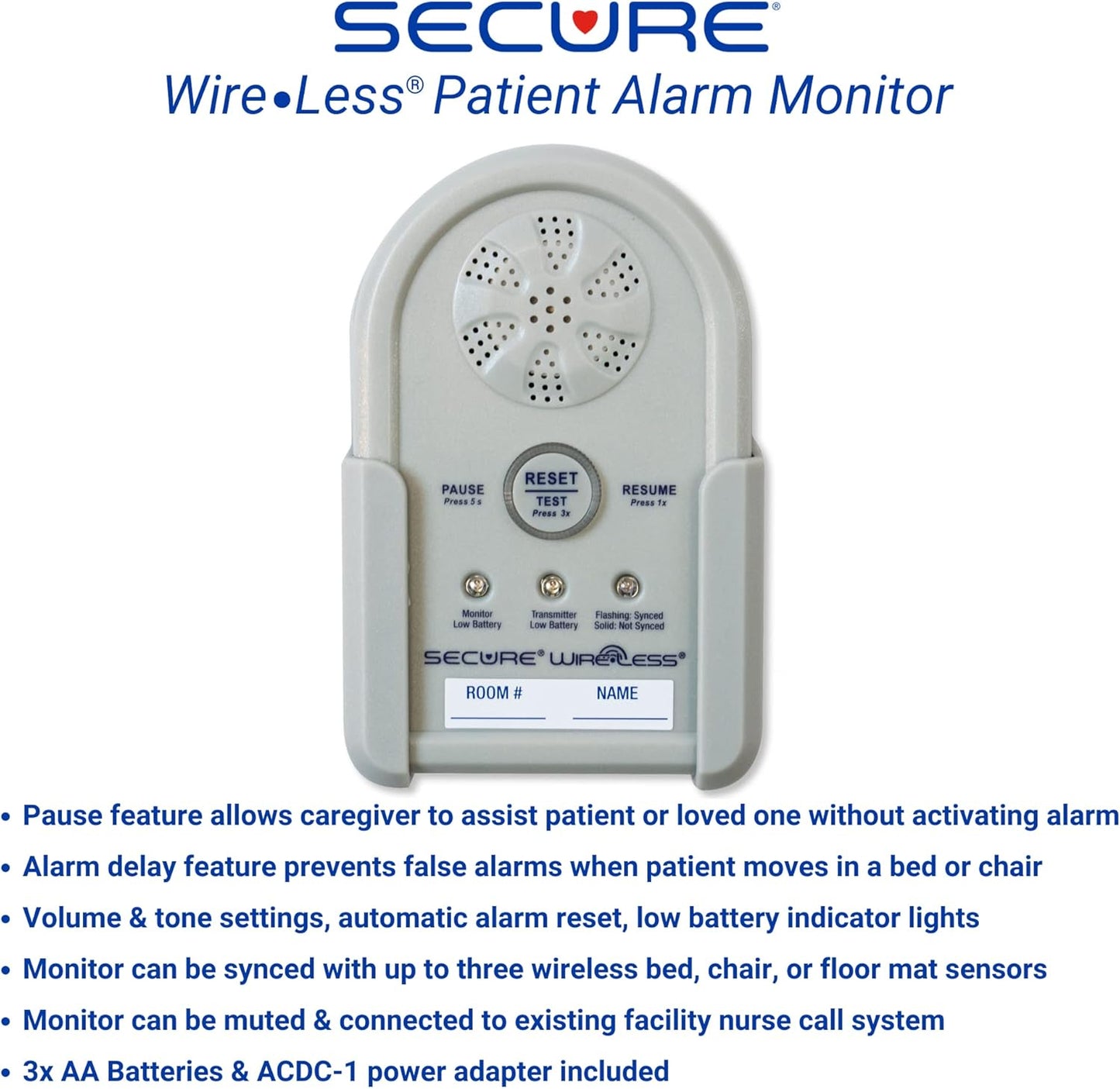 Secure Large Bed Alarm for Elderly Adults - Wireless Sensor Pad (24" x 30") & Monitor with Power Adapter - Fall Prevention and Wander Guard Safety for Dementia Patients Seniors