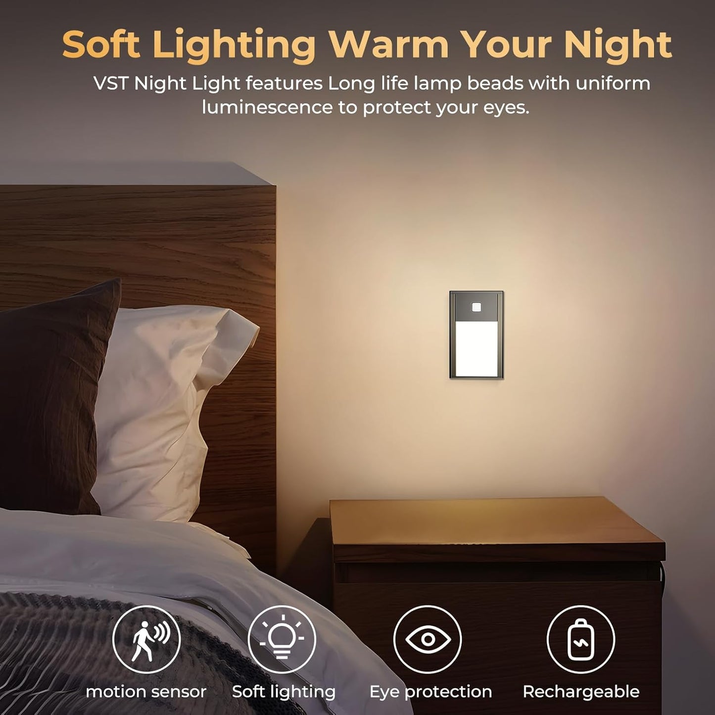 VST Motion Sensor Step Night Light, Rechargeable Battery Powered Led Light with Magnetic Suck Installation for Bedroom Hallway Stair Nursery Kids Room (2.68 inch 3000K 6Pack Black)