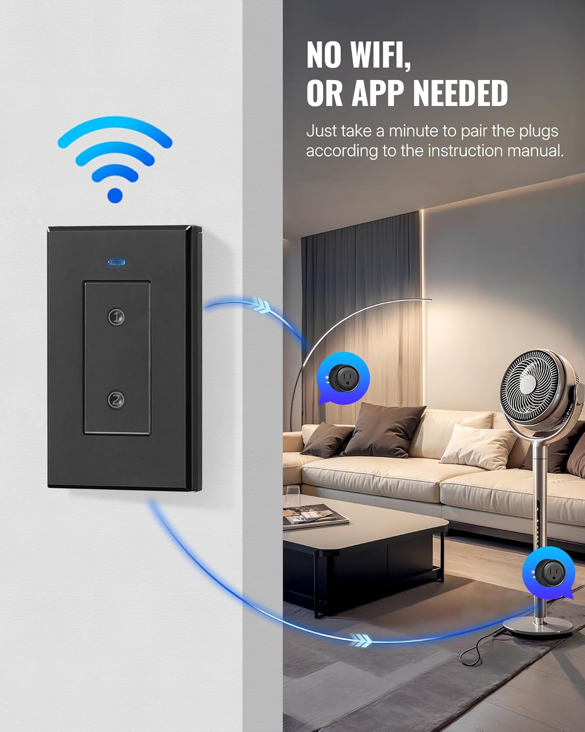 Black Remote Control Outlet Plug, WILAWELS Wireless Light Switch, On Off Remote Switch Outlet for Lights, Lamps, Home Appliance, 100ft RF Range, FCC Listed (1 Controller + 2 Outlets) H05RC1206