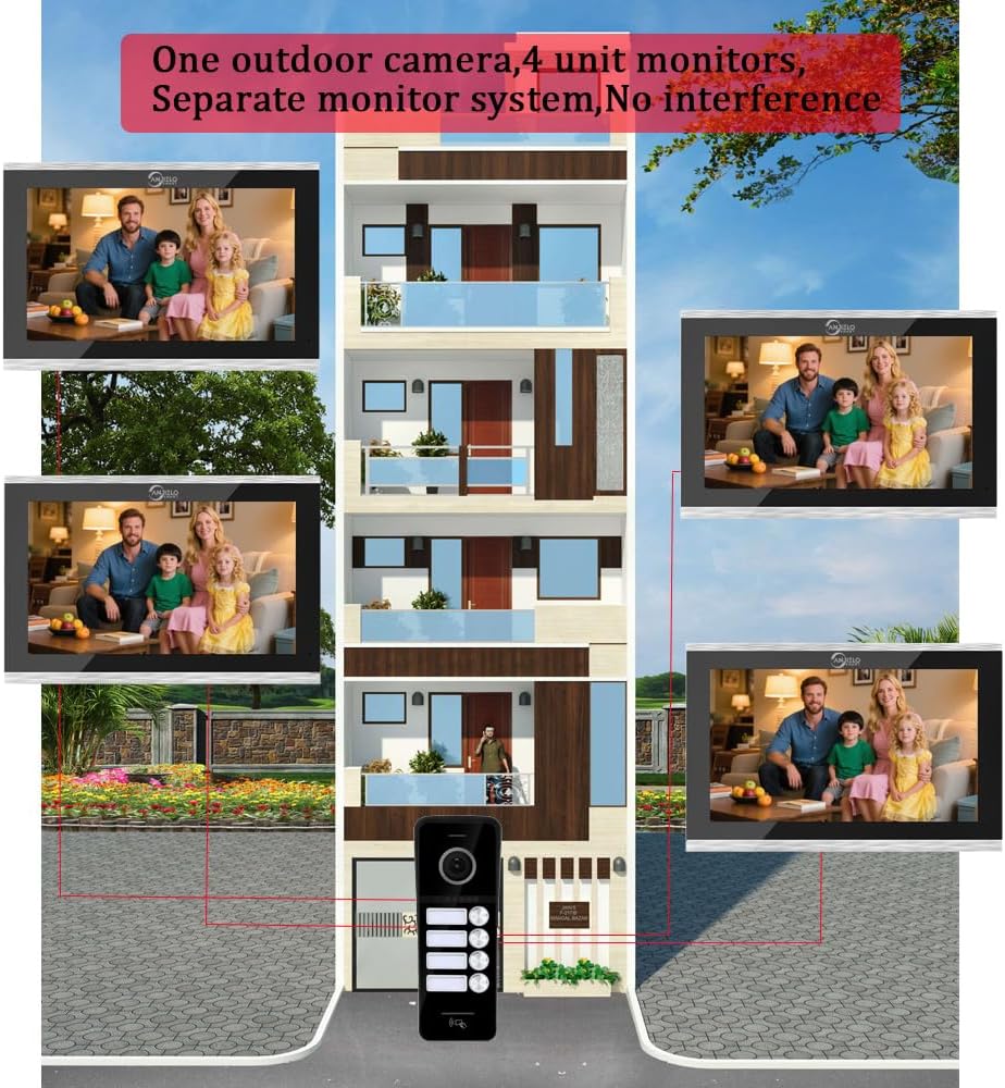 ANJIELO SMART Wired Video Doorbell Apartment Intercom System,4 Family Units 10 Inch Touch Monitor,3 in 1 Unlocking,Dual Way Intercom Motion Detection Tuya for Villa Home (1 Doorbell(b)+ 4 Monitor(s))