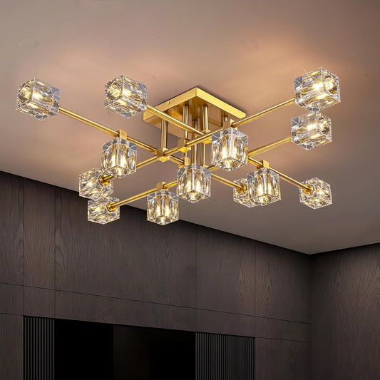 Semi Flush Mount Ceiling Light Fixture,13-Lights Modern Gold K9 Crystal Chandeliers,Farmhouse Light Fixtures Ceiling Sputnik Lights for Bedroom,Living Room,Dining Room,Kitchen,Entryway