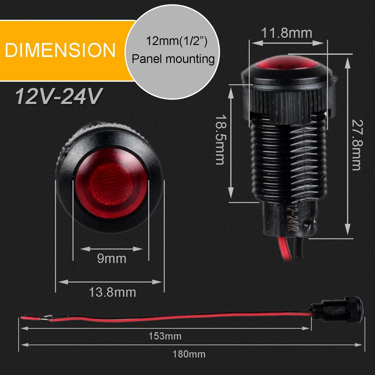 5pcs 12mm 12V-24V LED Indicator Light Plastic Black Signal Dot Lamp 1/2 inches Mounting Hole Size with 15cm/5.9in. Wire (Red LED)