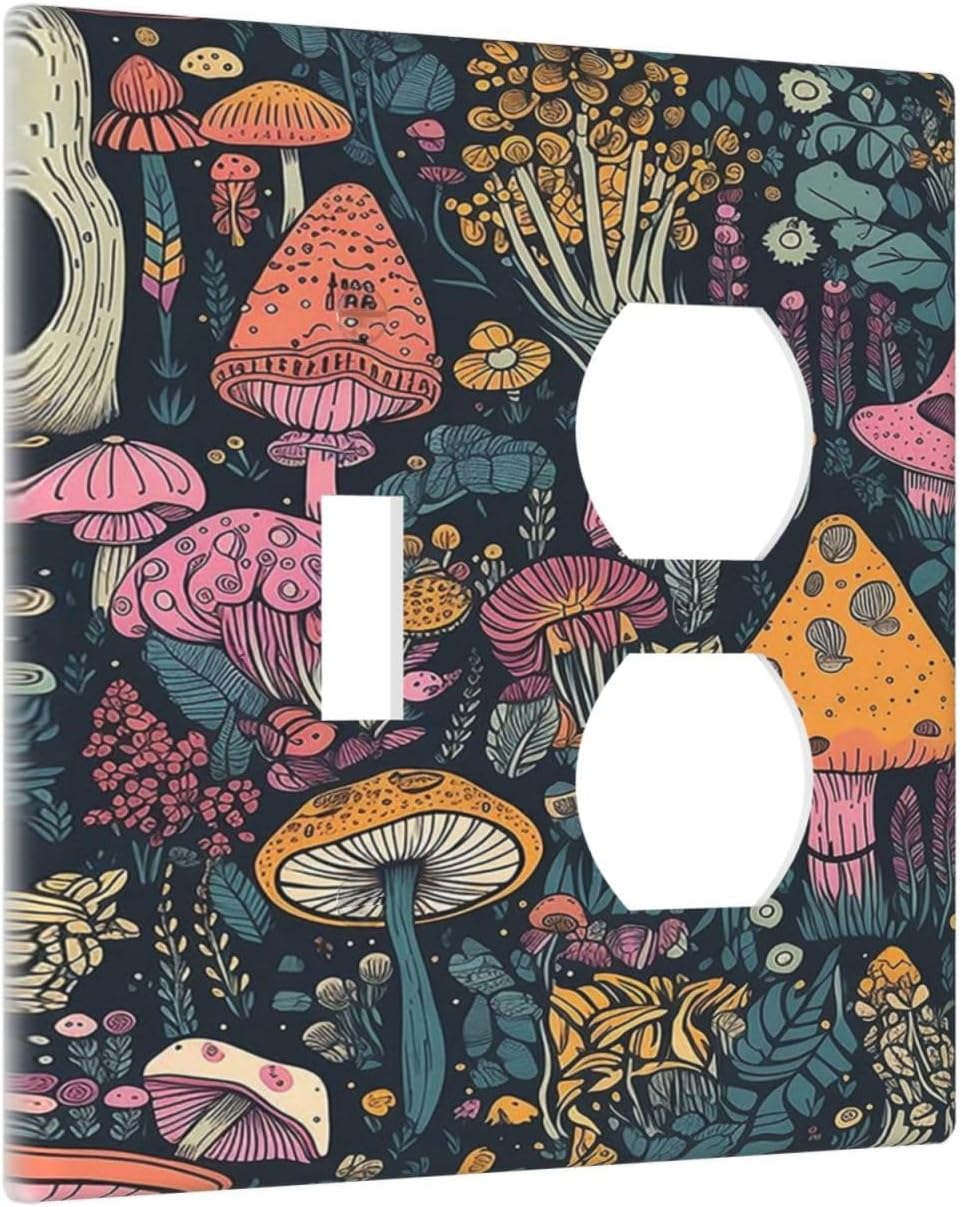 Decorative Outlet Covers Cartoon Comics Colorful Mushrooms 2 Gang Wall Plate Cover Single Toggle Duplex Combo Two Switch Light Switch Cover Plate Jumbo Dual GFCI Faceplate