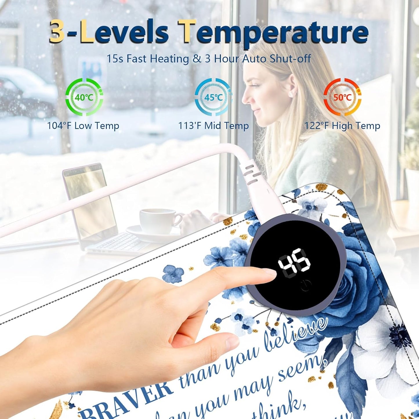 Heated Mouse Pad with 3 Temperature Settings(104°F–122°F),Large 31.5x13 Inch PU Leather Heated Desk Mat,Waterproof Warming Pad for Office,Gaming & Cold Hands Relief,Bule Flower Quotes