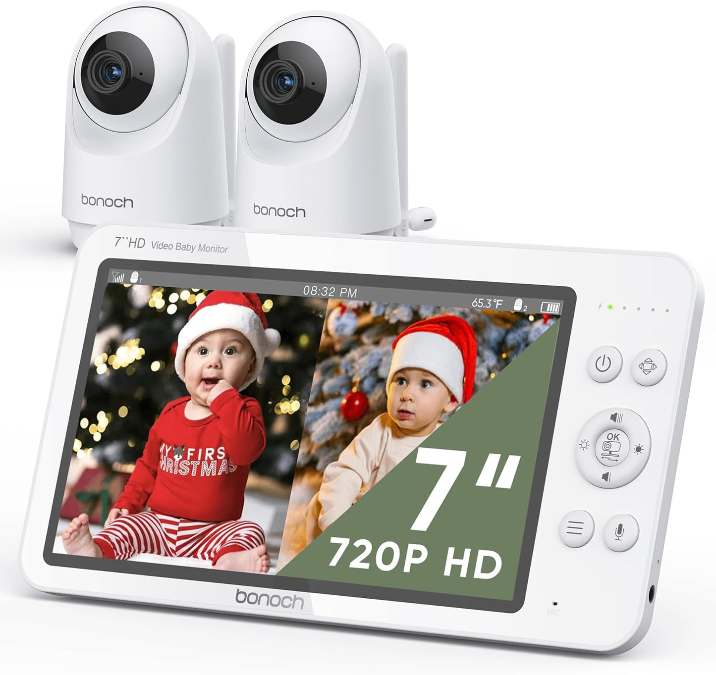bonoch MegaView Baby Monitor with 2 Cameras, 7" 720P HD Split Screen Baby Monitor No WiFi, Video Monitor with Camera and Audio, 6000mAh, VOX Mode, 2 Way Audio, Remote PTZ, Night Vision