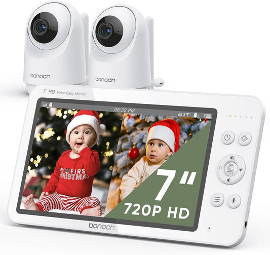 bonoch MegaView Baby Monitor with 2 Cameras, 7" 720P HD Split Screen Baby Monitor No WiFi, Video Monitor with Camera and Audio, 6000mAh, VOX Mode, 2 Way Audio, Remote PTZ, Night Vision