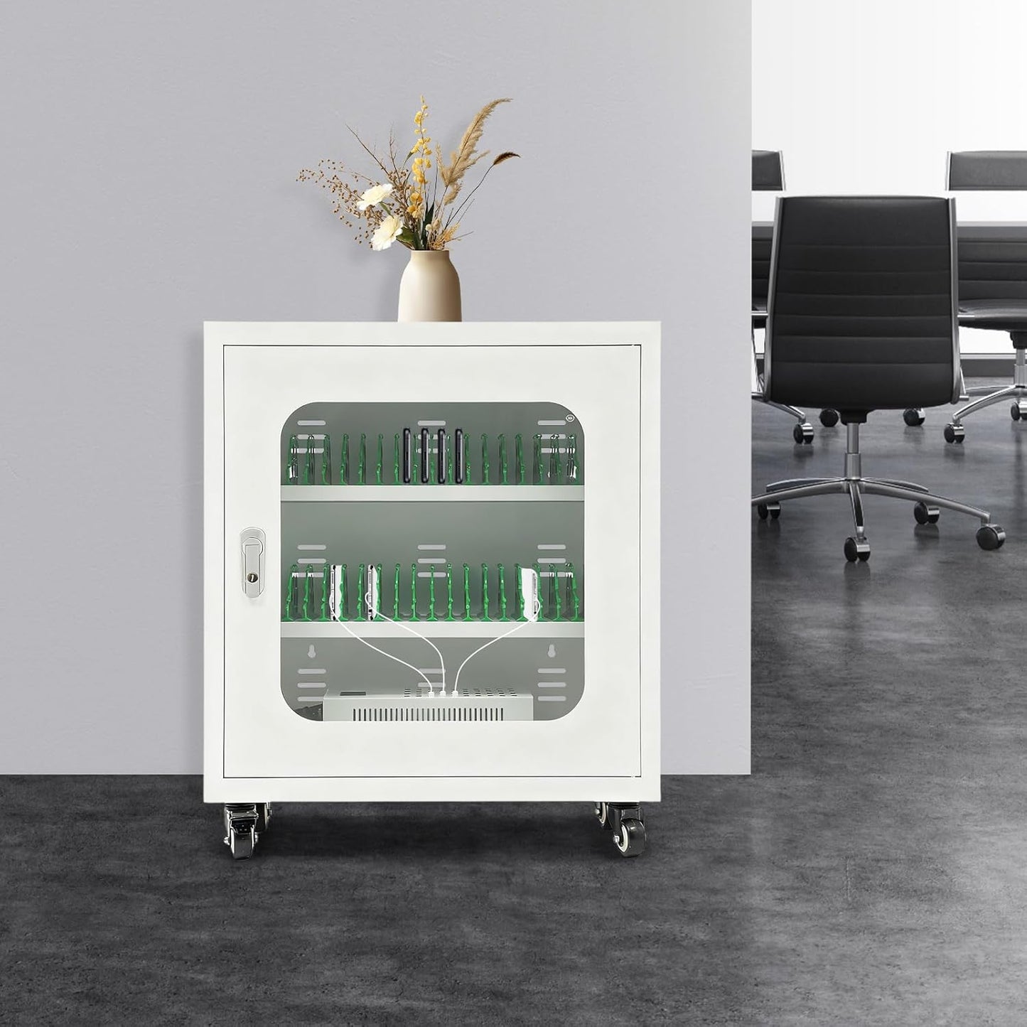 40-Port Mobile Phone Charging Station Cart - Heavy Duty Charging Cabinet for Schools & Offices, 400W Rechargeable Cellphone Locker Storage Lockable Tempered Glass Door & Wheels (White)