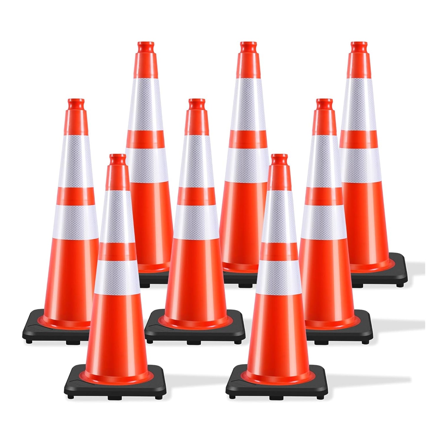 28 Inch Traffic Cones (8 Pack),Heavy-Duty PVC Construction Cones with Weighted Black Base for Road Safety,Orange Safety Cones with Reflective Collars for Parking & Driver Training