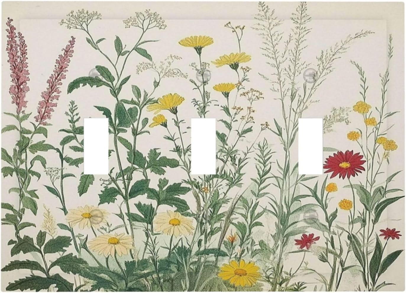 Rustic Wildflower Green Plants Daisy Floral Decorative Switch Plates 3 Gang Wall Plate Triple Toggle Light Switch Cover Faceplate Electrical Wall Panels For Farmhouse Bed Room Decor