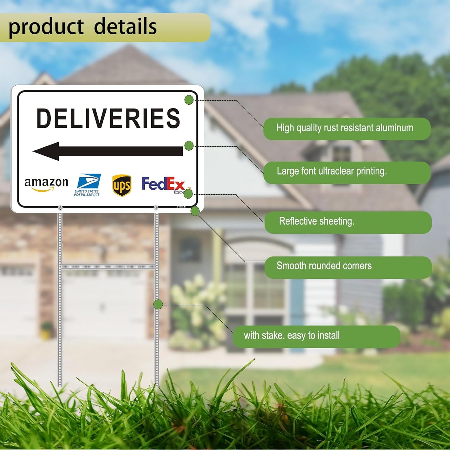 Deliveries Sign with Stake 12”x8” Delivery Sign with Arrow Left Aluminum Metal Delivery Instruction for Packages Easy Installation for Home