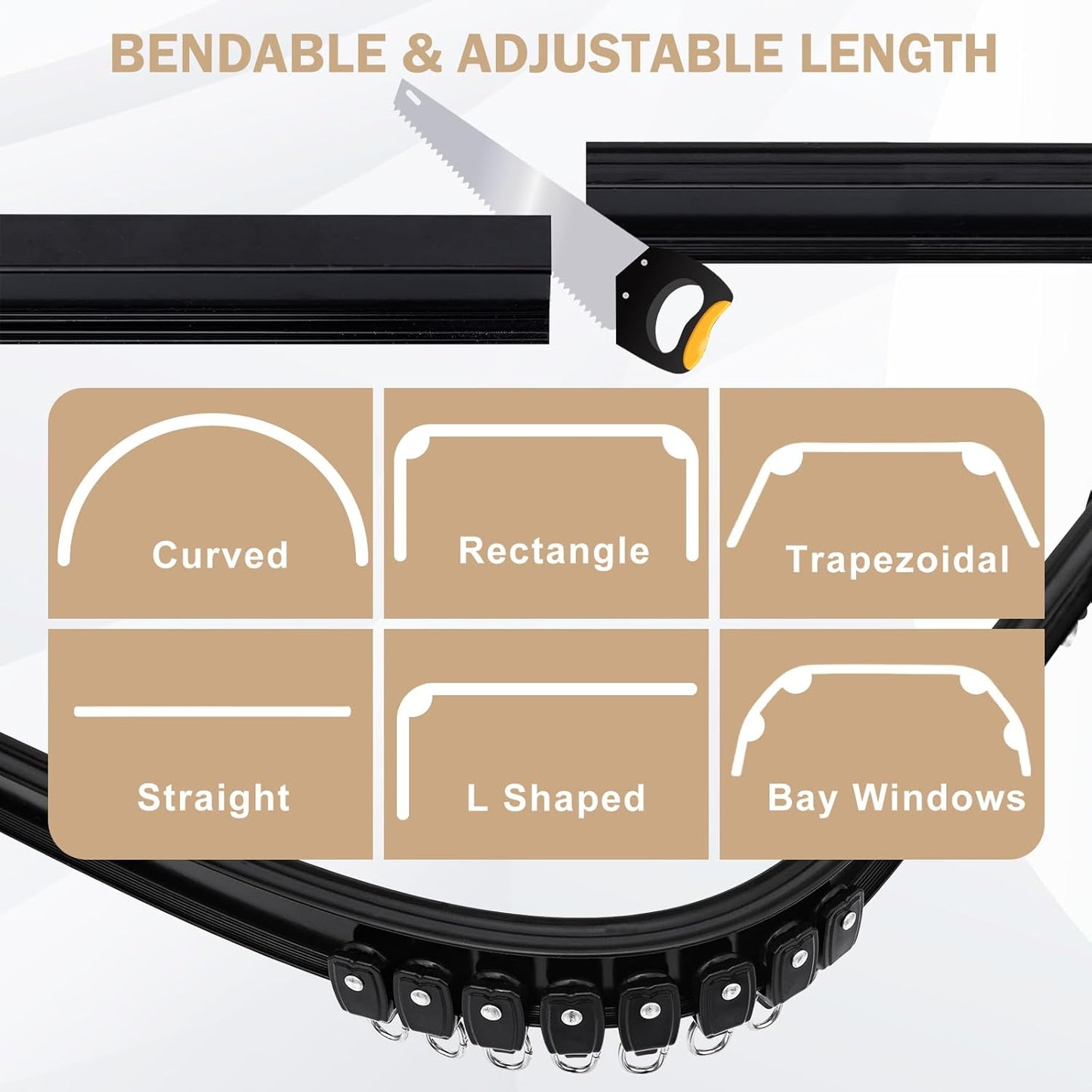 Aluminum Ceiling Curtain Track Set with Hooks Ceiling Mount and Wall Mount Room Divider Sliding Curtain Tracks Rods Flexible Heavy Duty Curtain Rail Hook Sets,Black,12FT