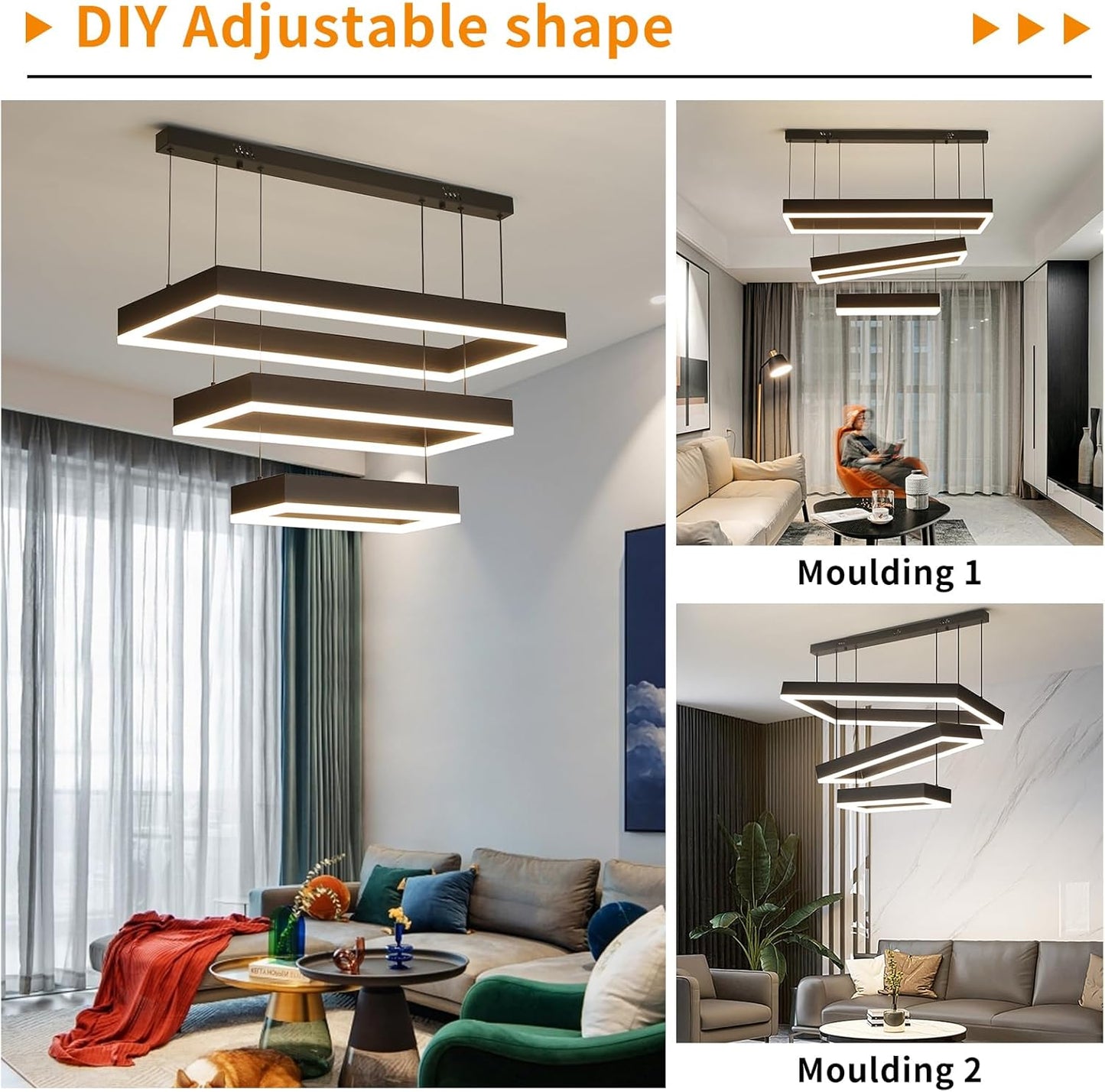 Modern Chandeliers for Living Dining Room, 3-Ring Rectangular LED Chandelier Light Fixture with Remote Control Dimming, Hanging Pendant Light with Adjustable Height, Black