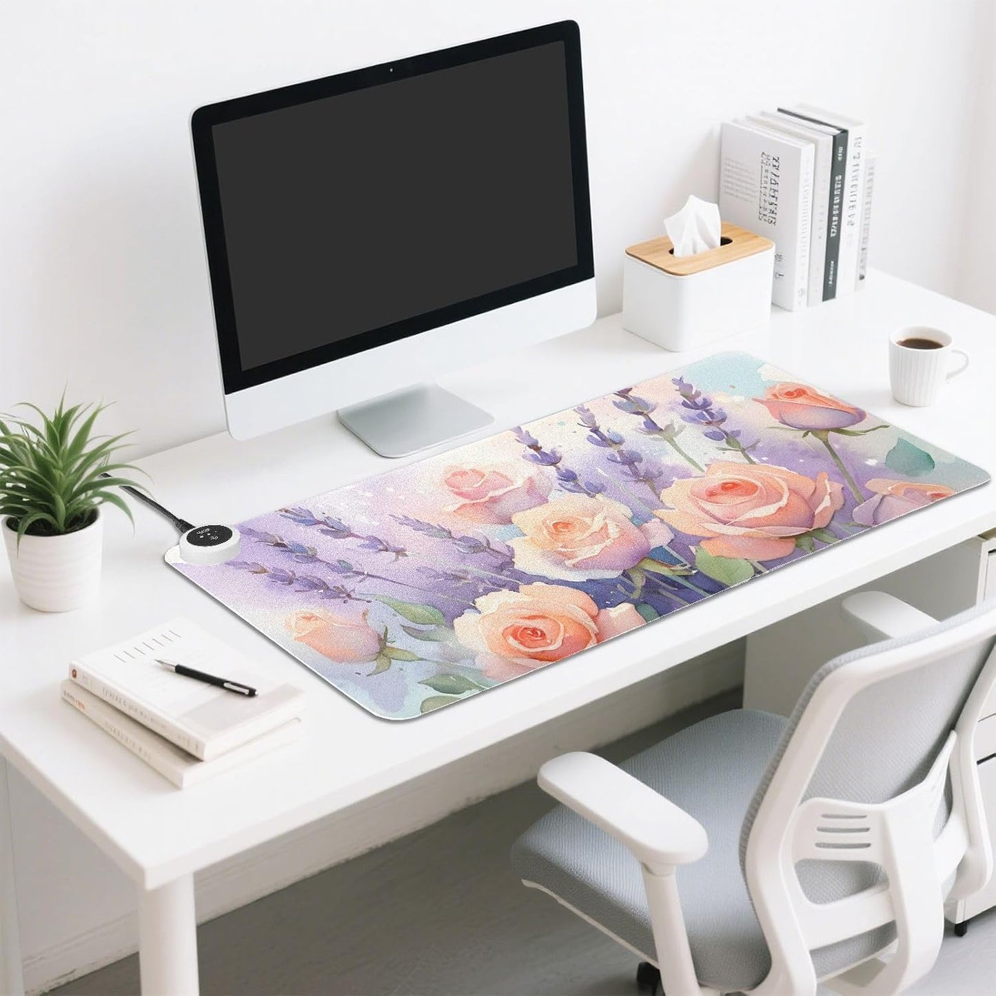 Large Heated Mouse Pad,Leather Desk Mat,31.5"x13",Hand Warmer Pads for Desk,Lavender Rose(Morandi)
