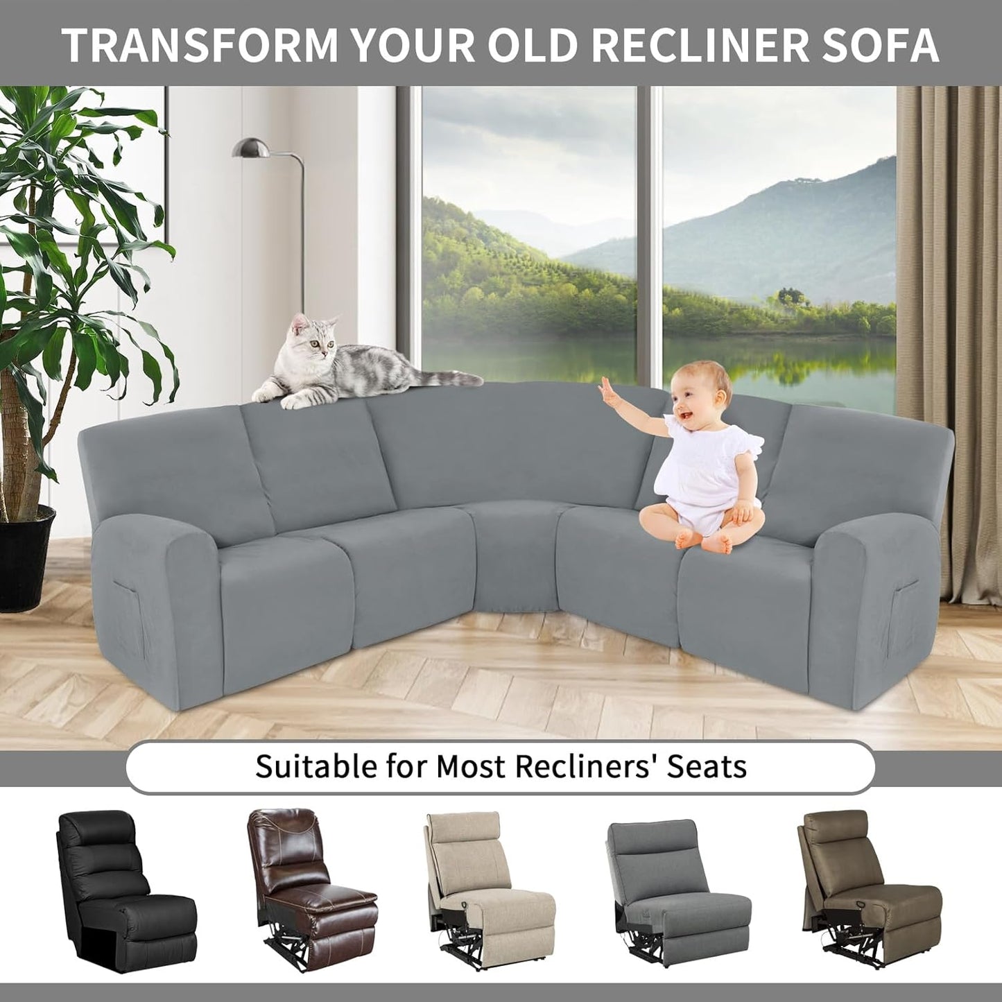 Easy-Going 100% Waterproof Recliner Cover Additional Seat Cover for Reclining Couch, Stretch Sofa Covers Washable Furniture Protector for Kids & Pets, 1 Seat, Light Gray