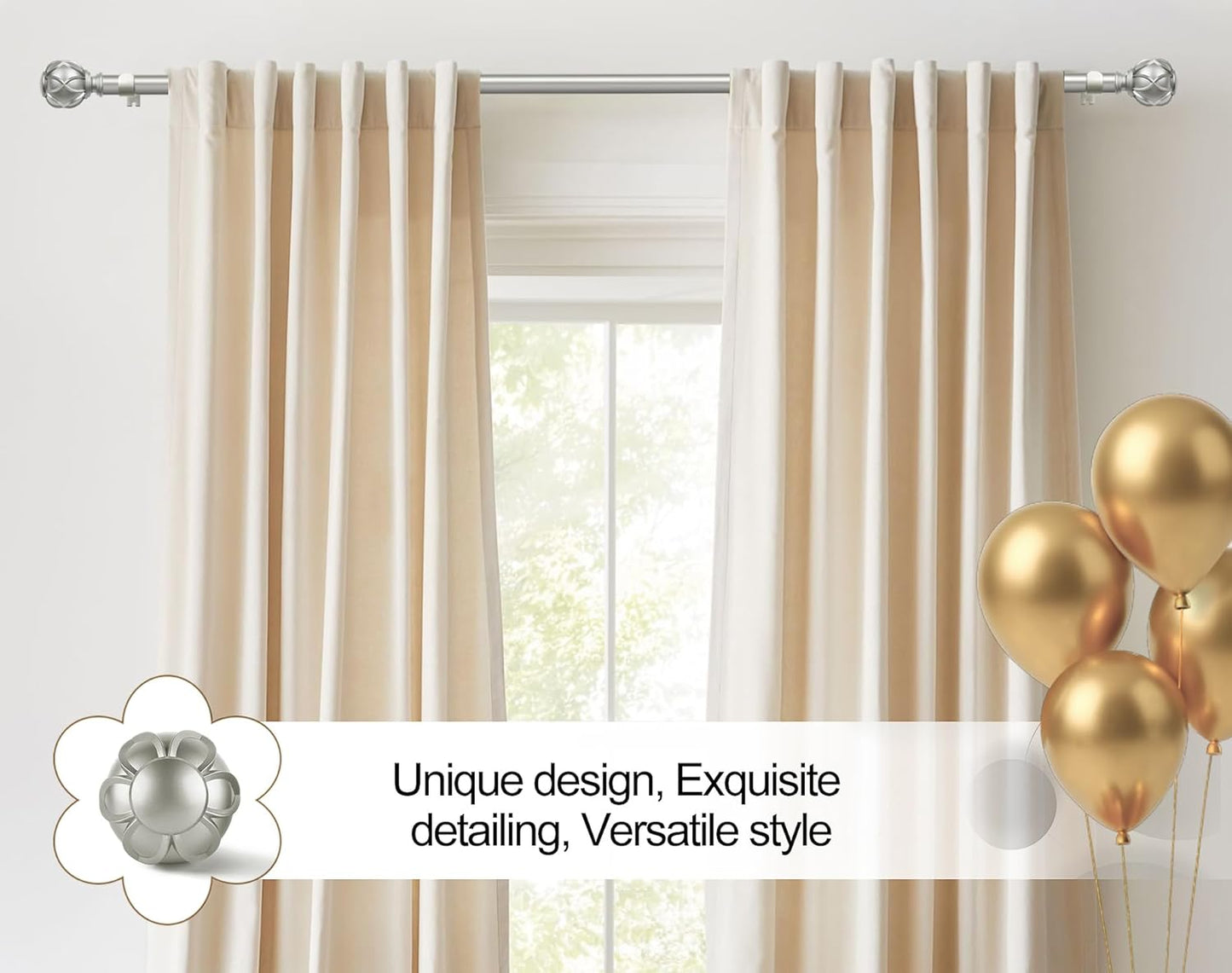 KAMANINA Curtain Rods for Windows, Antique Silver Curtain Rod 32 to 58 Inch(2.6-4.8Ft), 7/8 Inch Single Adjustable Drapery Rods with Decorative Netted Texture End