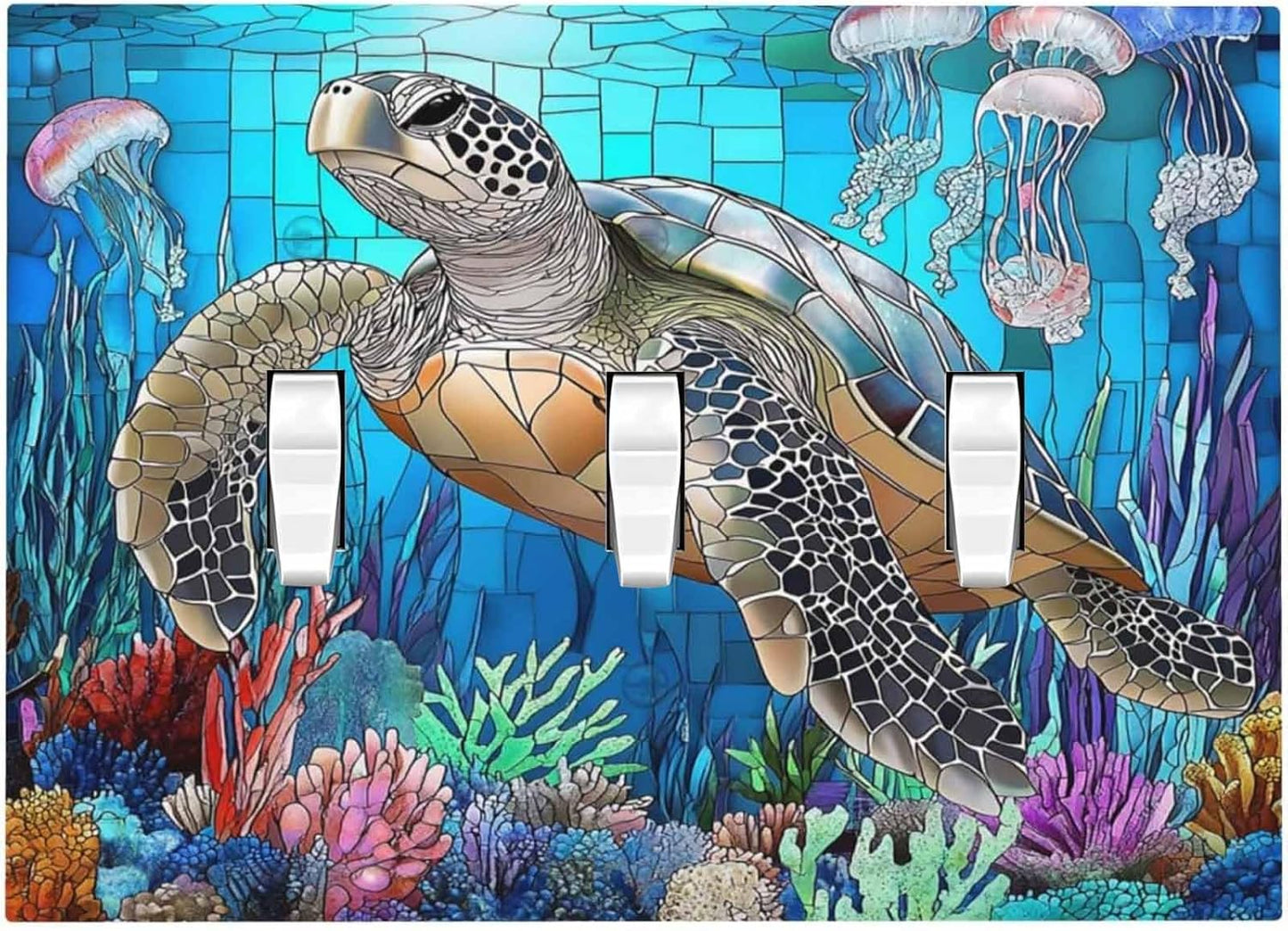 Decorative Switch Plates Nautical Sea Turtle Coral Jellyfish 3 Gang Wall Plate Triple Toggle Light Switch Cover Faceplate Electrical Wall Panels For Kids Room Nursery Decor