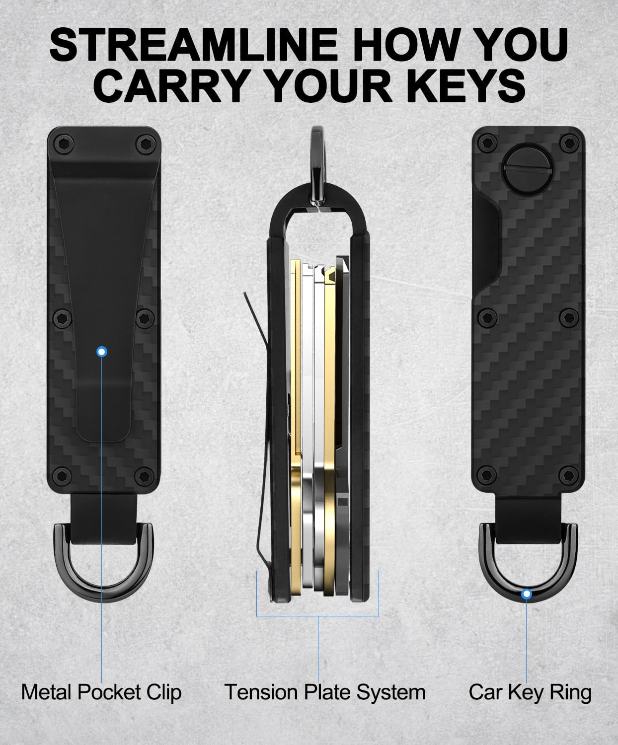 Mens Key Organizer - Compact Metallic Key Holder | Minimalist Innovative Keyholder | Smart Keychain Secures 1-5 Keys