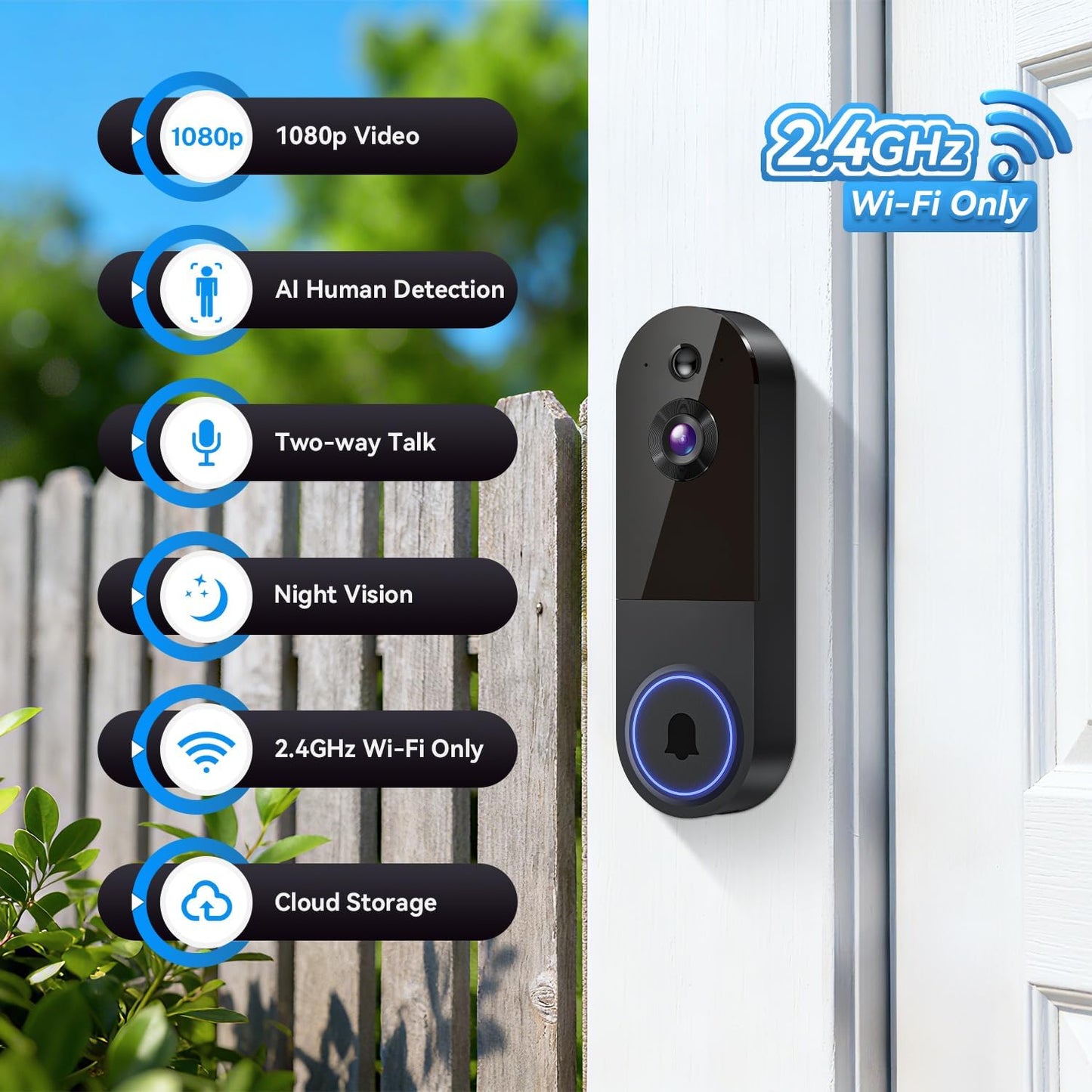1080p Wireless Video Doorbell Camera, Live View, Night Vision, Two Way Audio, Cloud Storage, AI Motion Detection, Indoor/Outdoor Surveillance, Battery Powered, 2.4G WiFi Only