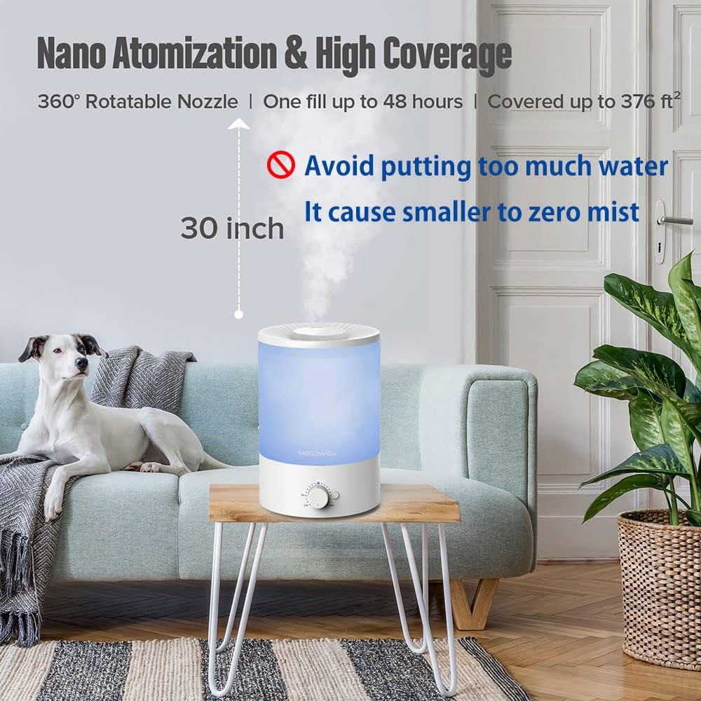 MegaWise Healthy Top-Refill Cool Mist Humidifiers for Bedroom, 24dB Ultrasonic Air Vaporizer with Water Filter for Baby [PP Material], Colorful Night Light,1 Gal Essential Oil Diffuser, Auto Shut Off