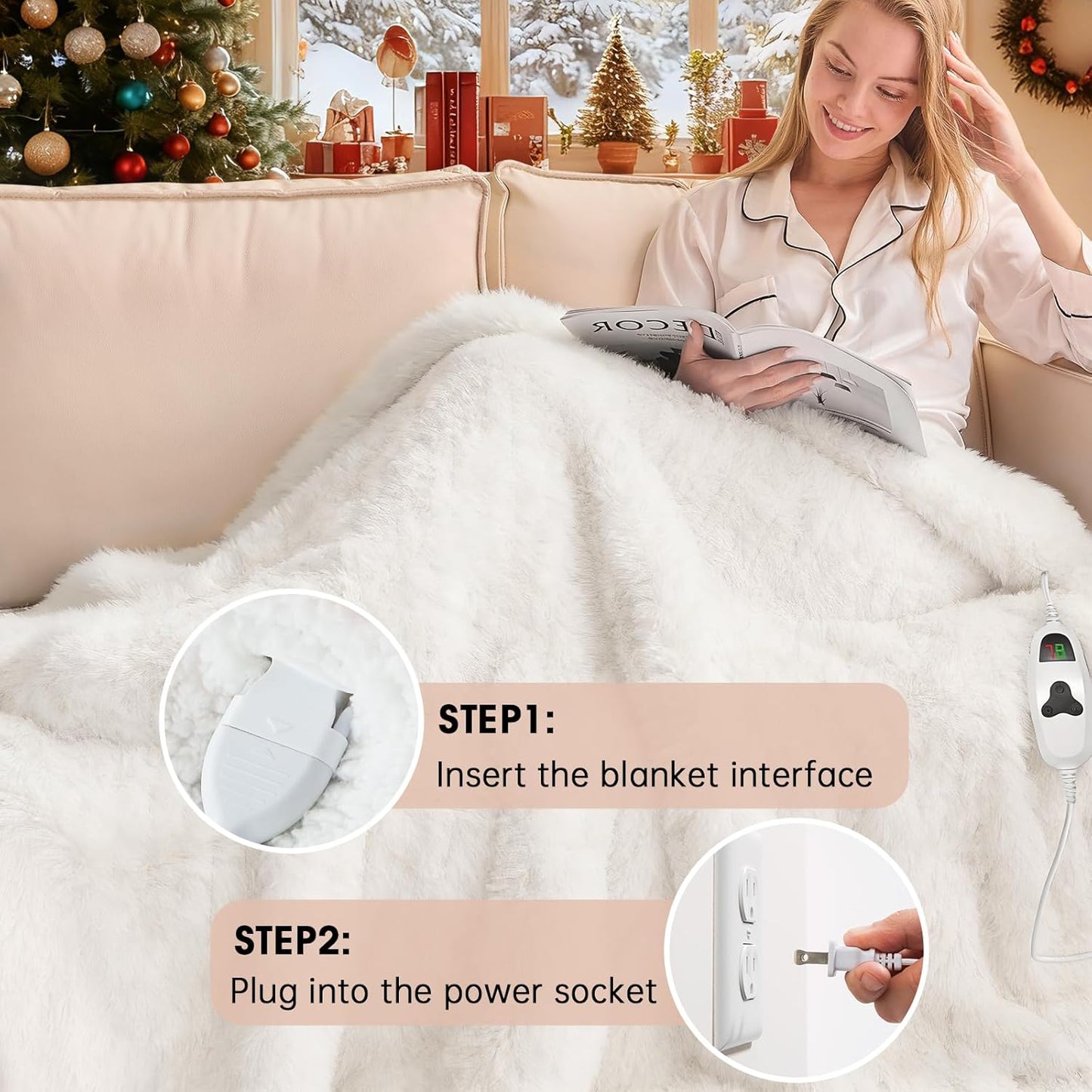 Heated Electric Blanket Twin–Faux Fur with Soft Thick Sherpa,Warm Winter Birthday Gifts for Women Grandma,10 Heat Settings,5 Time Settings with Fast Heating, 62x84, Snow Cloud