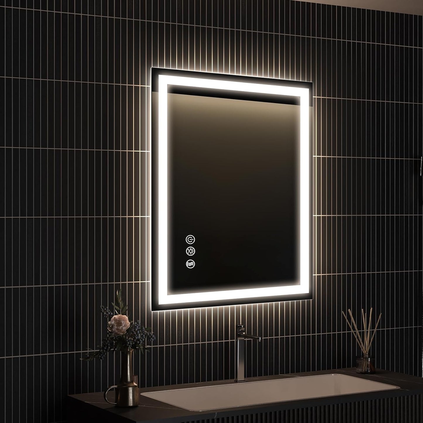 APRILSOUL 24x32 Inch LED Bathroom Mirror with Front and Backlit, Makeup Mirror with 3 Color Lights, Memory Function, Anti-Fog and Dimmable Light (Horizontal/Vertical)