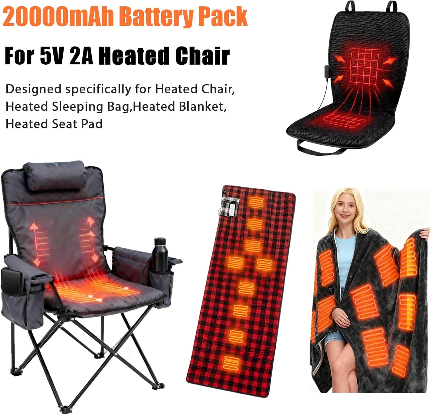 5V2A Battery Pack for Heated Camping Chair, Heated Blanket, Heated Hunting Seat Pad, Heated Sleeping Bag USB Power Bank for Camping Work (Battery Only) (Black, Milliamp Hours, 20000)