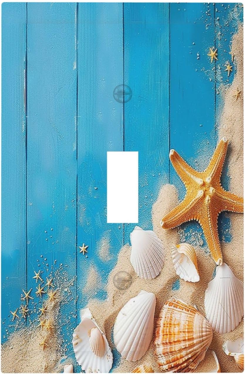 Decorative Light Switch Cover Blue Wood Grain Beach Shell Starfish 1 Gang Single Toggle Device Electrical Faceplate Switchplates Decorator Outlet Wall Plate for Bathroom Farmhouse Decor