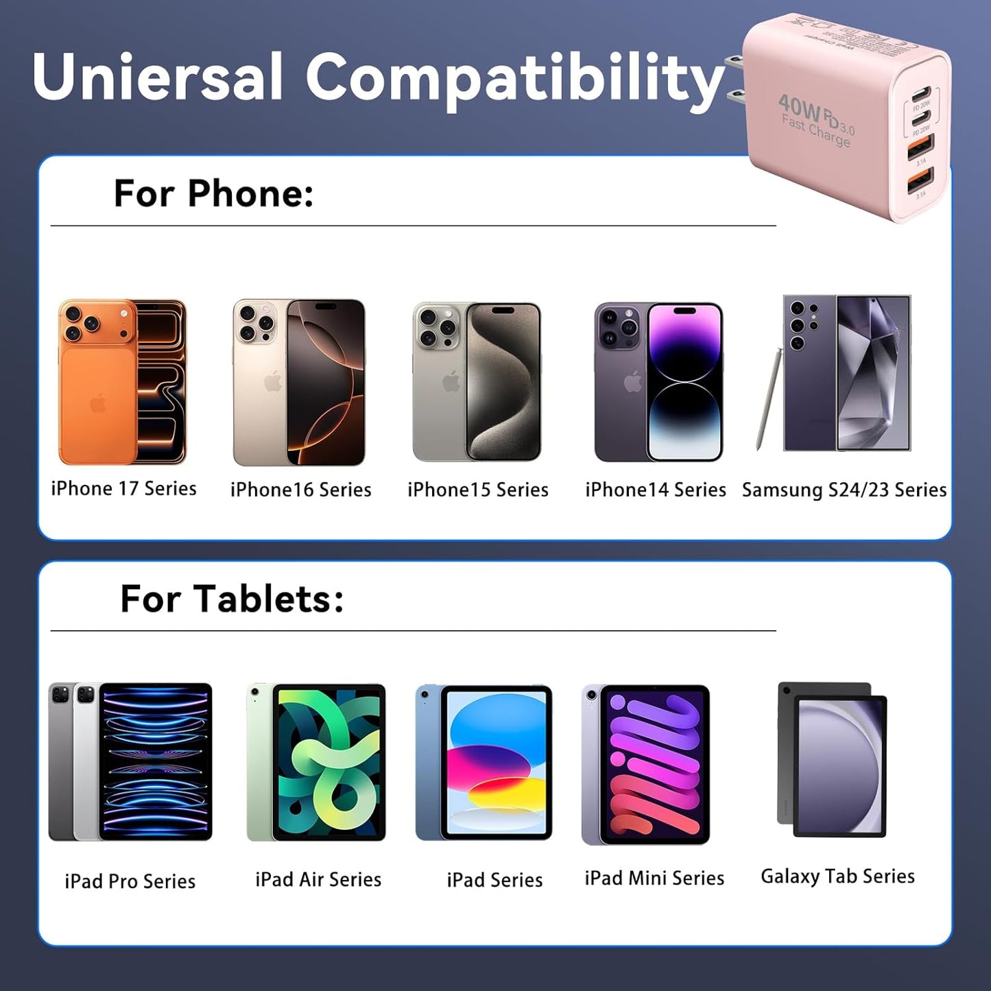 USB C Wall Fast Charger Block, 40W 4-Port Type C Chargers Fast Charging Blocks PD Power Charger Adapter+QC 3.0 USB Multiport Charger Brick for Phone 17/16/15/14/13/12 Pro Max, i-Pad, Galaxy S25-2Pack