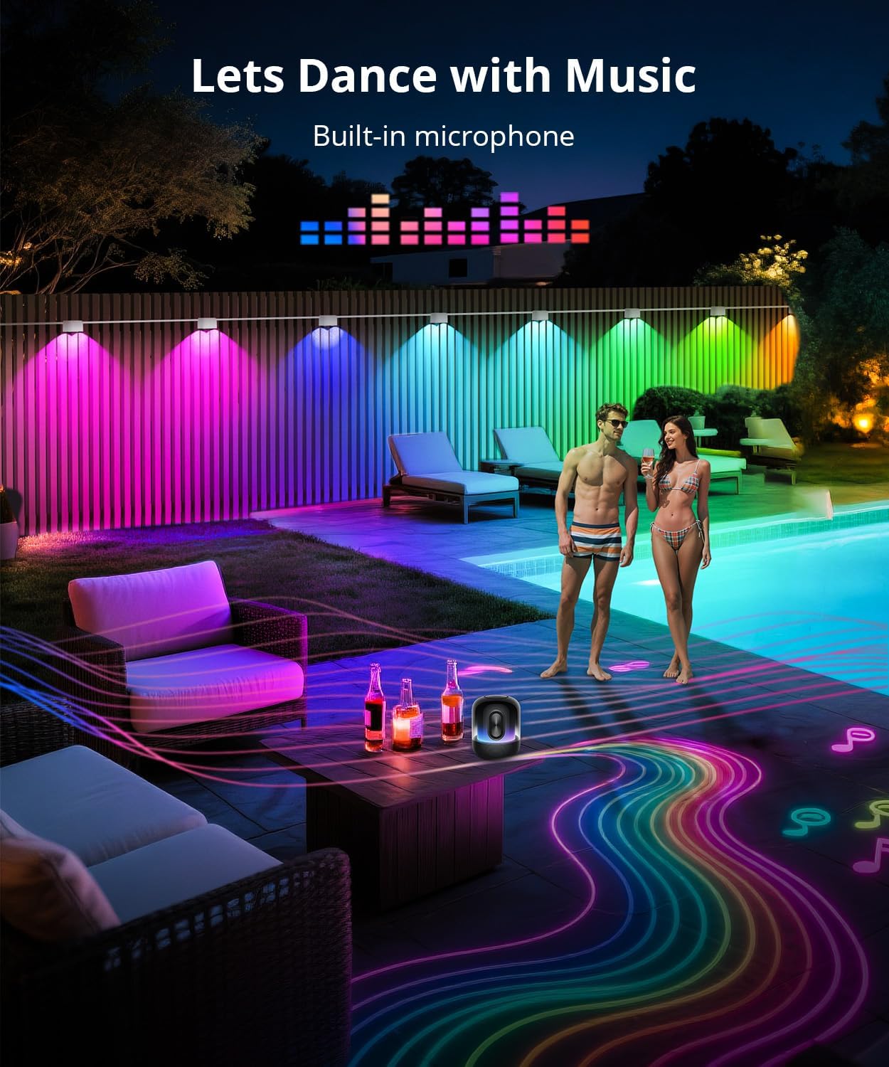 Outdoor Deck Lights 24 Packs, Smart RGBCW Fence Light, 100+ Scene Modes, Dual Lens LED String Lights with APP/Voice/Remote Control, IP65 Waterproof for Halloween Christmas Decor, 157ft White