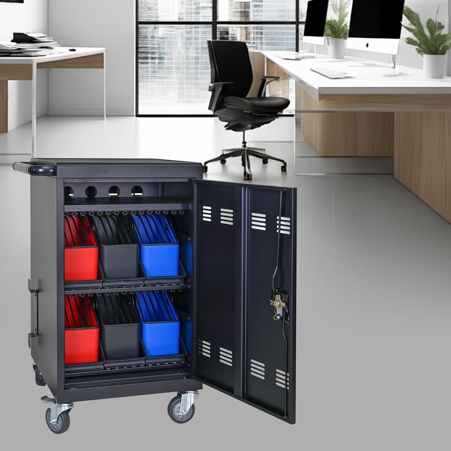 Laptop Charging Cart, 30 Laptop Storage Cart with 6 5-Slot Equipment Baskets, Mobile Charging Cabinet for iPads up to 16.3", Chromebook Devices, Cord Management,Access Lock.School,Business.Black