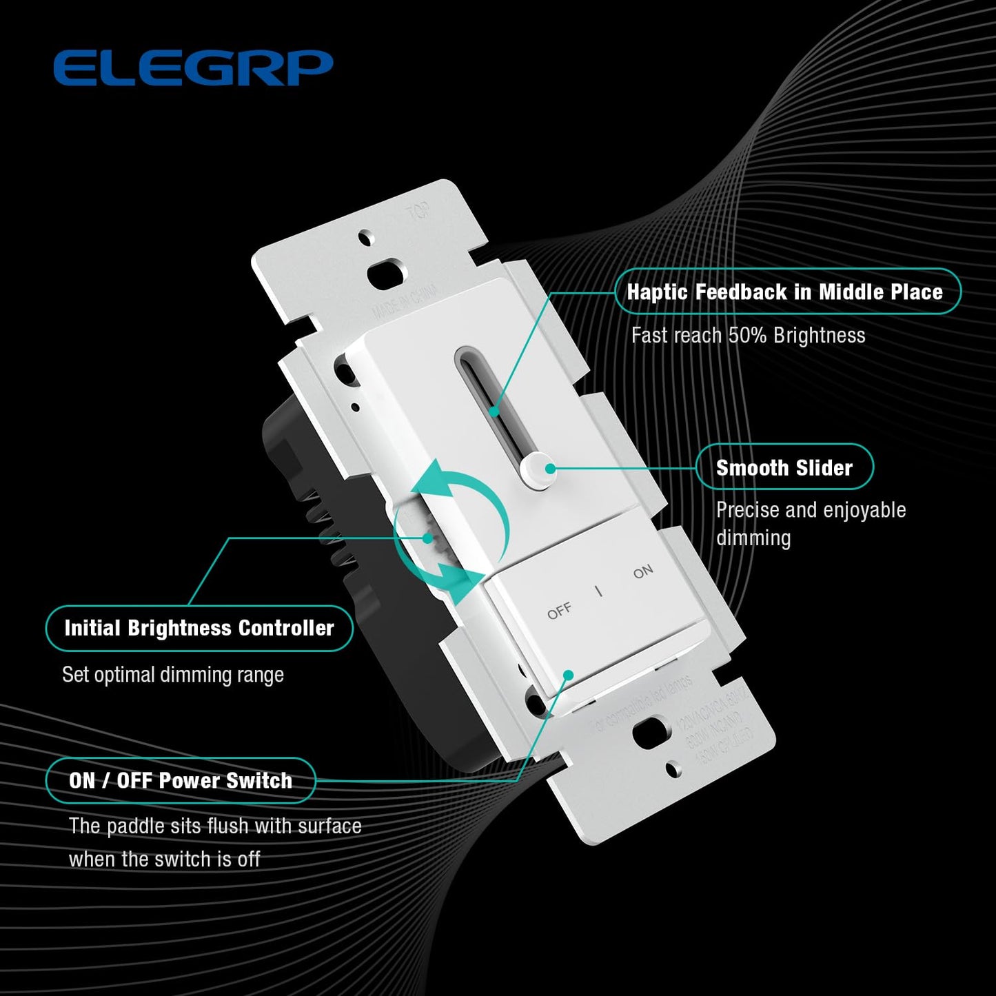 ELEGRP Slide Dimmer Switch for Dimmable LED, CFL and Incandescent Light Lamp Bulbs, Single Pole or 3-Way, Full Control with Preset, Rocker Paddle, Wall Plate Included, UL Listed (1 Pack, Matte White)