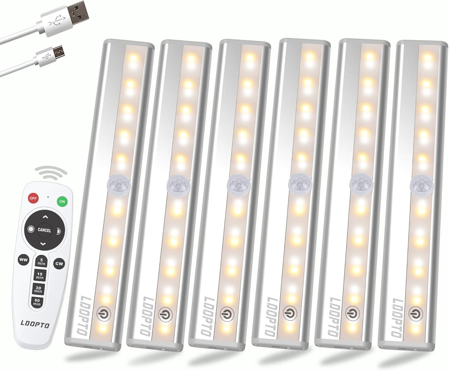 LDOPTO Under Cabinet Wireless LED Lights, 6 Pack Rechargeable Battery Operated, Dimmable, Remote Control, Stick On Night Lights for Kitchen, Pantry, Stairs, Hallway, 3 Colors