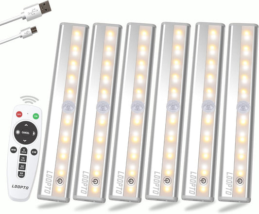 LDOPTO Under Cabinet Wireless LED Lights, 6 Pack Rechargeable Battery Operated, Dimmable, Remote Control, Stick On Night Lights for Kitchen, Pantry, Stairs, Hallway, 3 Colors