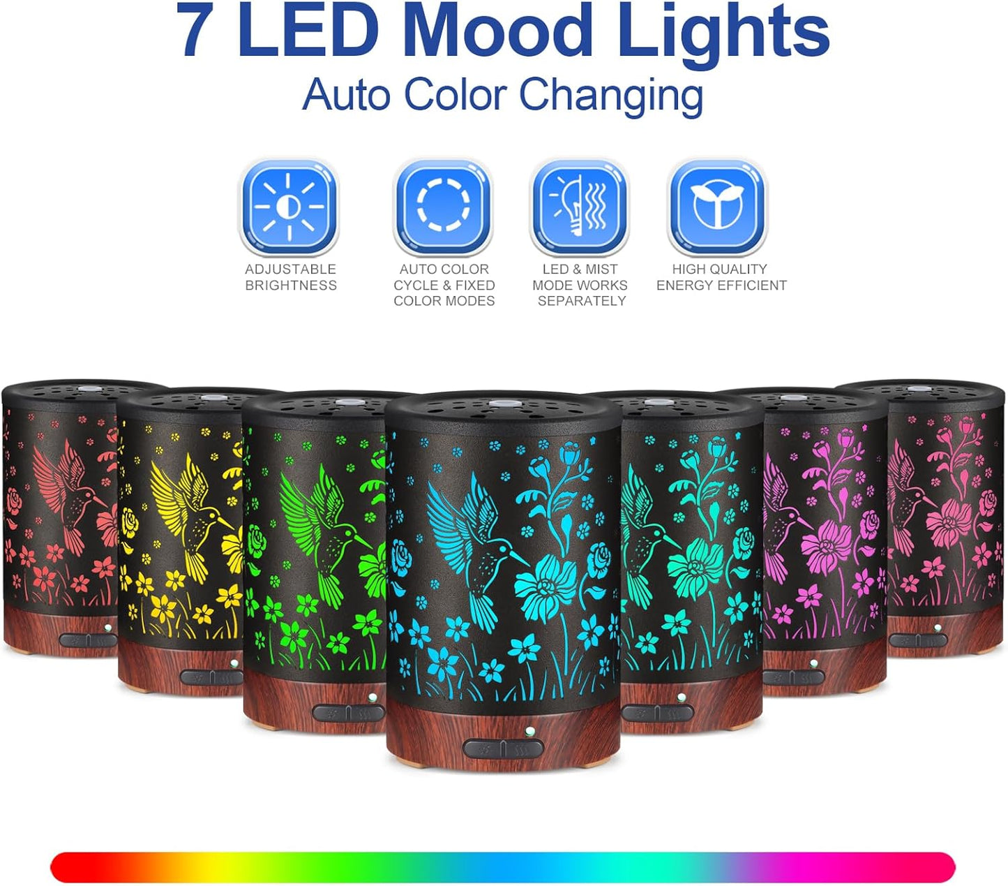 Essential Oil Diffuser- Aromatherapy Diffuser with7 Colors Light and Auto-Off for Women Metal Cool Mist Humidifier for Home and Office for Mom Women（Hummingbird）