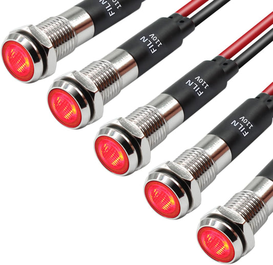 5Pcs 8MM (5/16'') Indicator Light led Indicator 110V 220V Metal Pilot Lamp Lights Aluminum Black Anodized Waterproof ip67 Red Signal Lamp Light(110V-Brass Nickel Plated-Red 5Pcs)