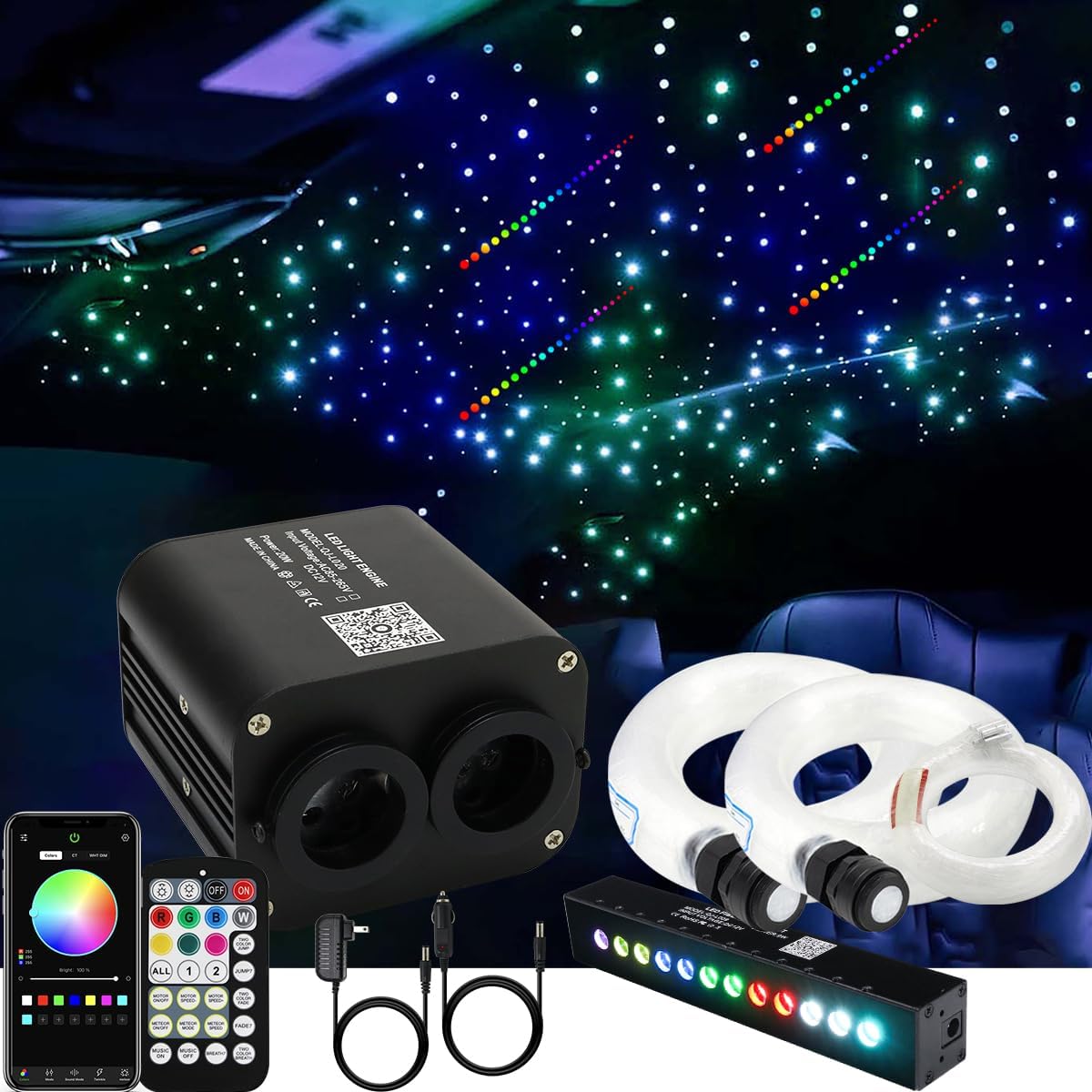 AZIMOM Dual Color 20w Twinkle Fiber Optic Starlight Headliner Kits1000pcs 0.03in 9.8ft, RGB Meteor Shooting Star, Sound Activated Remote APP Control Home Car Ceiling Décor
