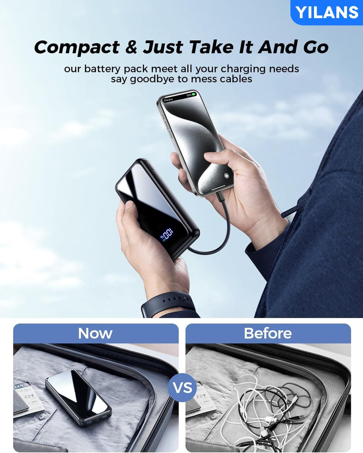 Portable Charger,50000mAh Power Bank Built-in Cable, 22.5W USB C In & Out Fast Charging, External Battery Pack with 6 Output & 2 Input, Travel Phone Charger for iPhone 17/16/15/14/13/12, Android